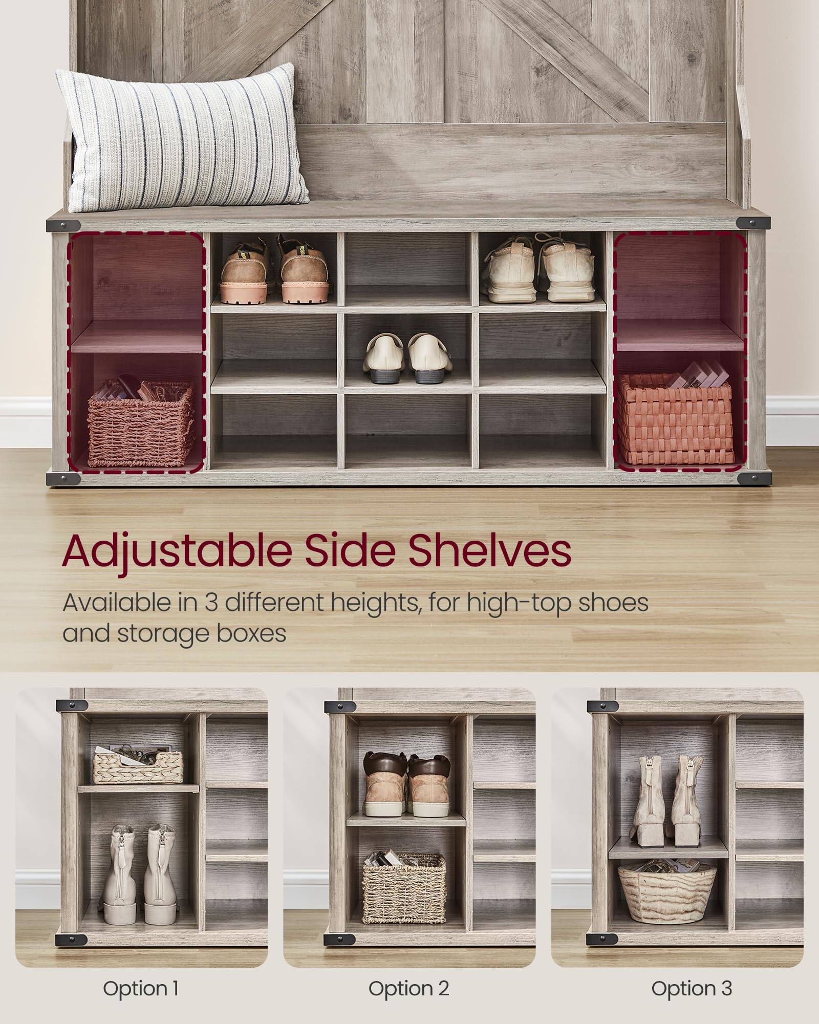 Adjustable Side Shelves

Available in 3 different heights, for high-top shoes and storage boxes

Option 1

Option 2

Option 3