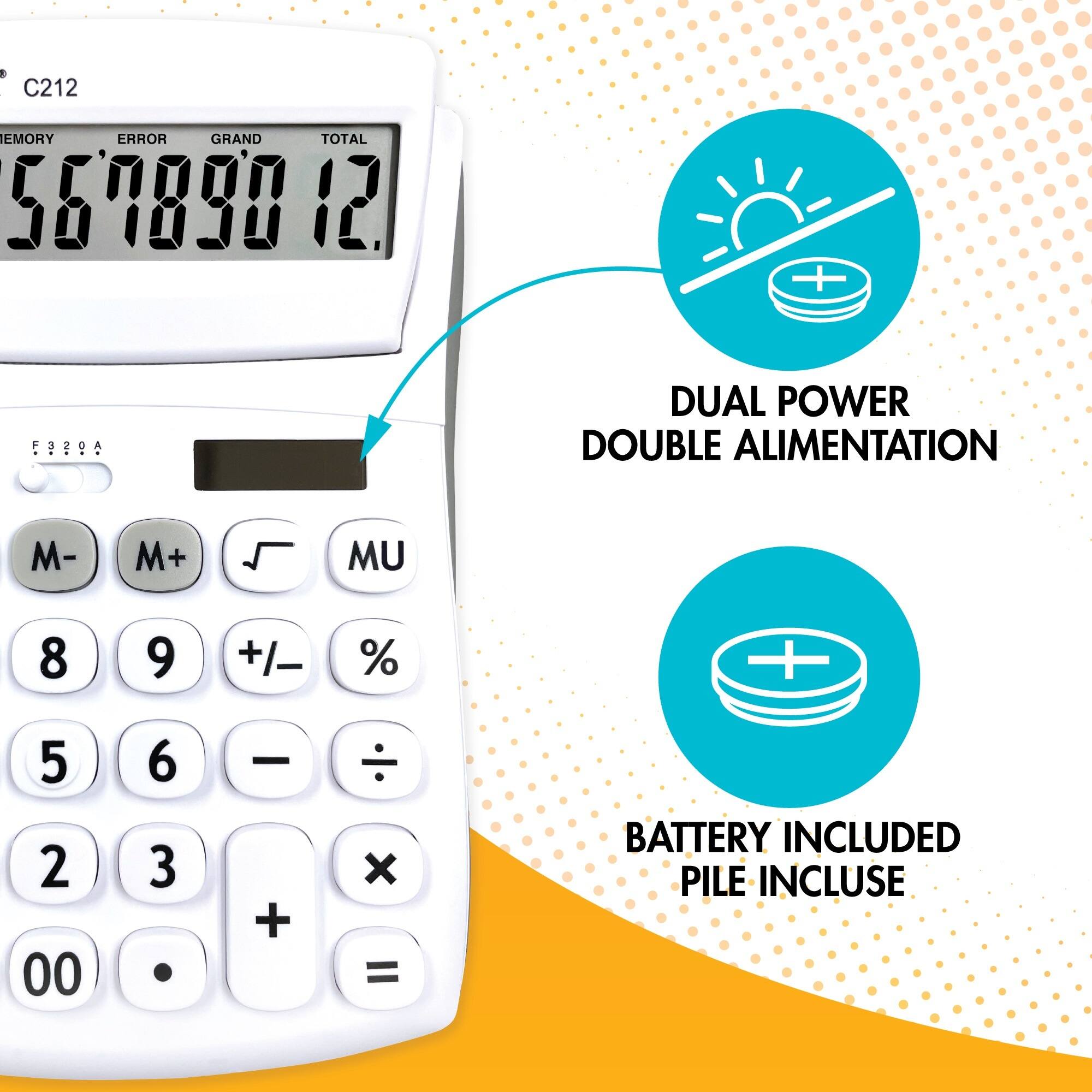 C212 EMORY ERROR GRAND TOTAL 557898 12 F 3 2 a A DUAL POWER DOUBLE ALIMENTATION M- M+ MU 8 9 +/- % + 5 2 00 6 3 + x = BATTERY INCLUDED PILE INCLUSE