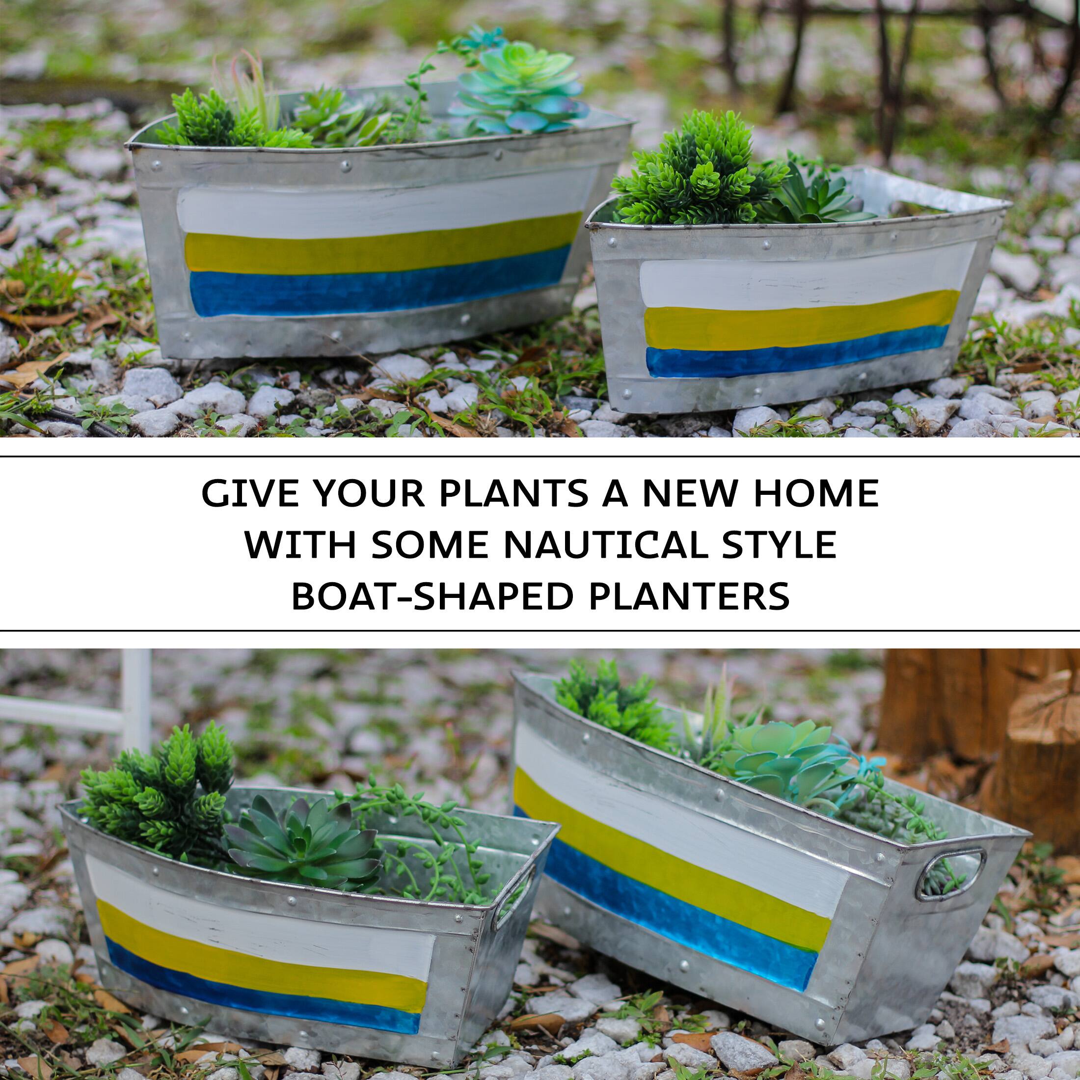 Zeckos Set of 2 Galvanized Metal Boat Planter Flower Tub Indoor