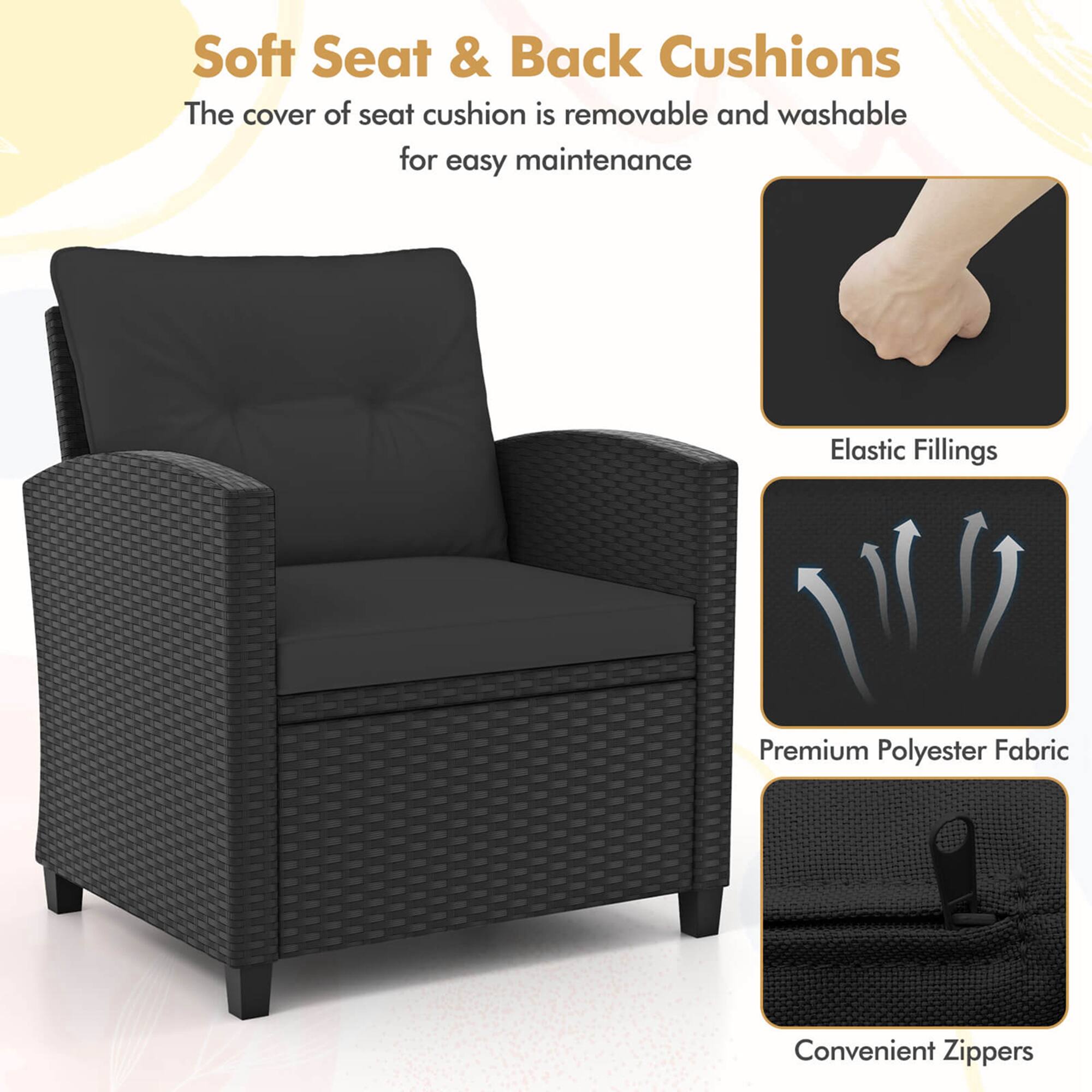 Soft Seat & Back Cushions: The cover of seat cushion is removable and washable for easy maintenance. Elastic Fillings: Premium Polyester Fabric. Convenient Zippers.