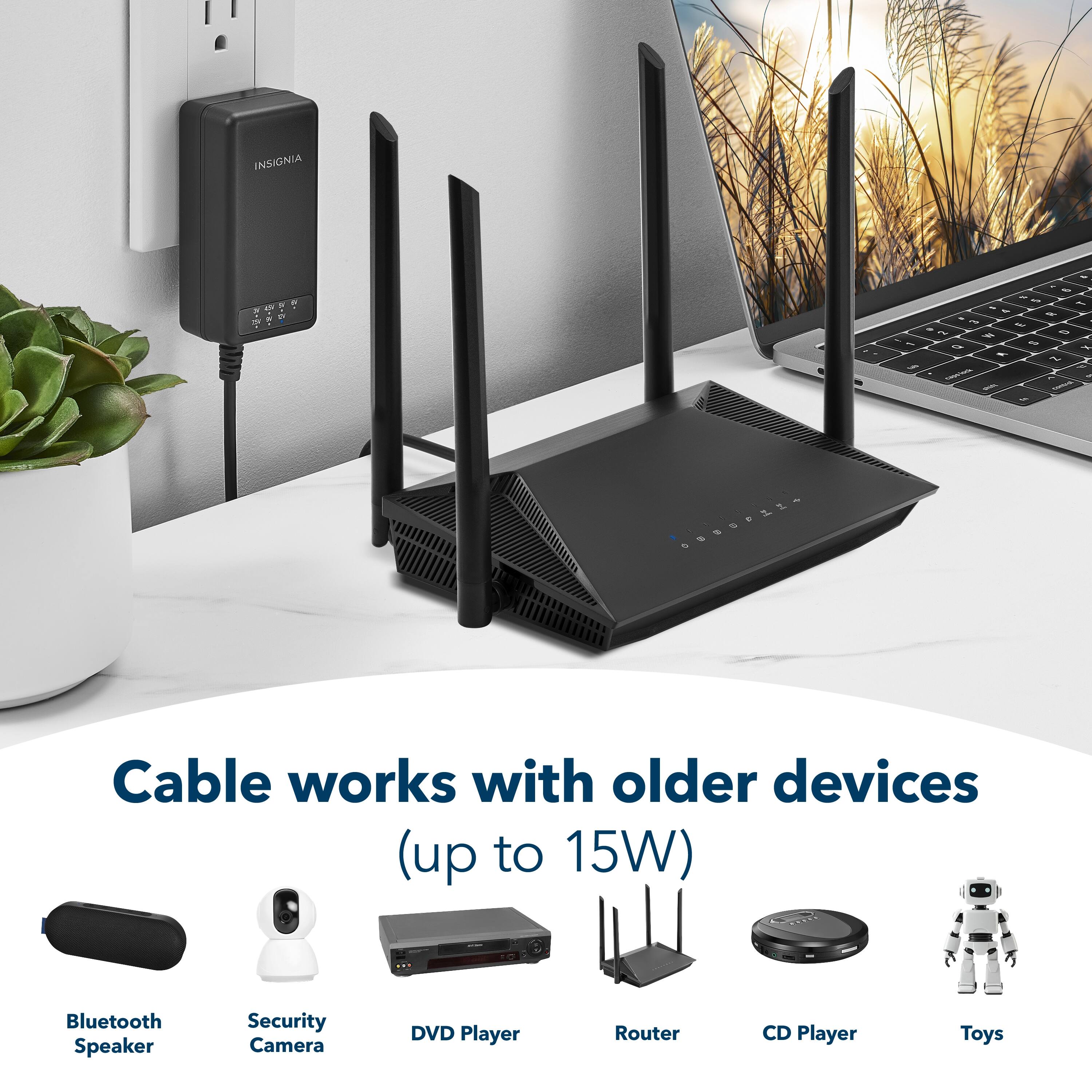 INSIGNIA D - - . - - - - - f - - - - - 1 - - 2 - a  - -  -c .O.ELIA Cable works with older devices (up to 15W) Bluetooth Speaker Security Camera DVD Player Router CD Player Toys