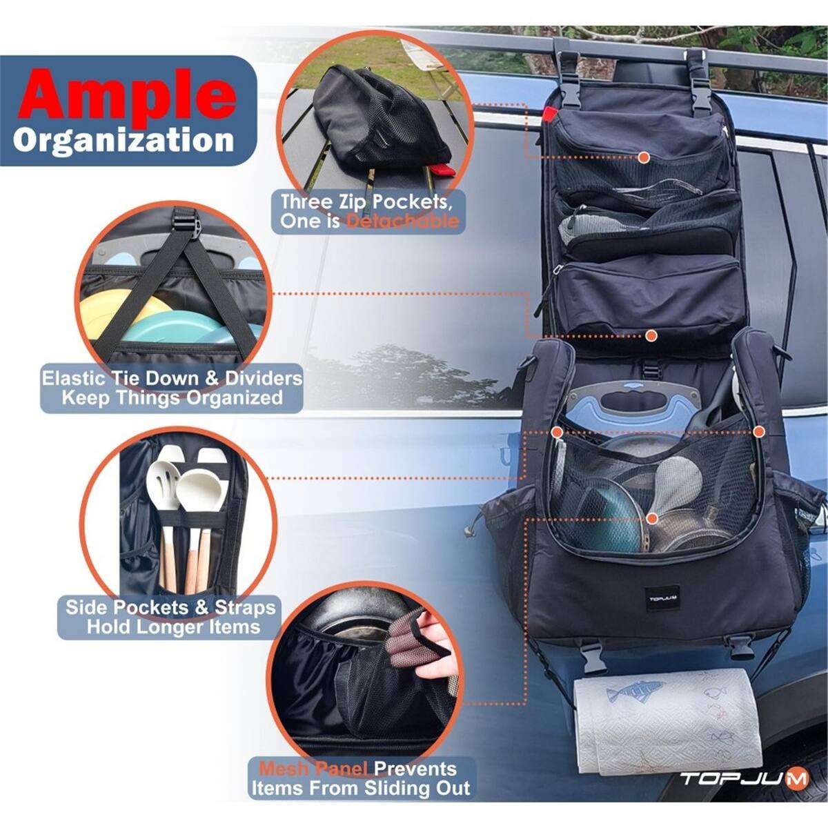Ample Organization

Three Zip Pockets, One is Detachable

Elastic Tie Down & Dividers Keep Things Organized

Side Pockets & Straps Hold Longer Items

Mesh Panel Prevents Items From Sliding Out

TOPJUM