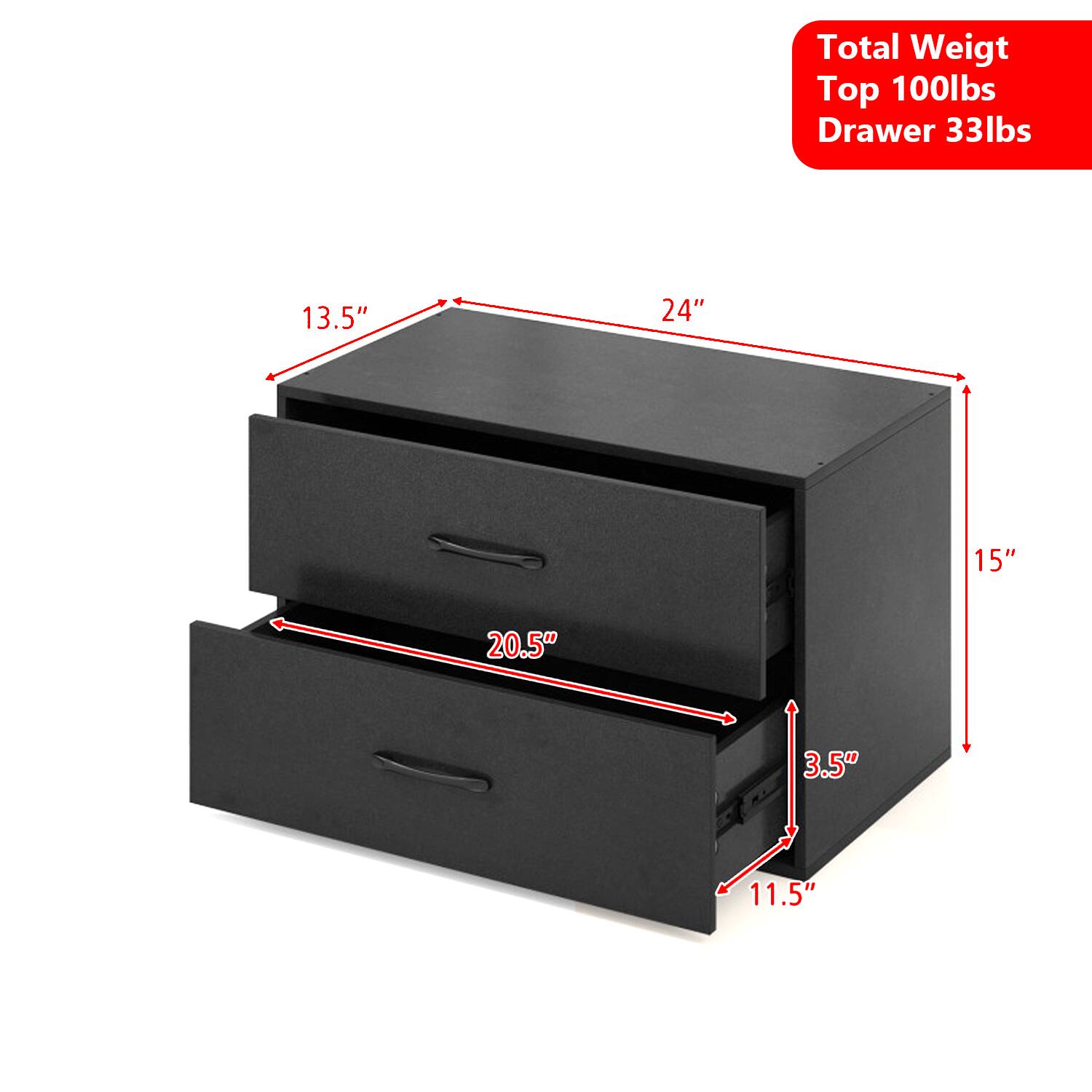 Total Weight: Top 100lbs, Drawer 33lbs  
Dimensions: 13.5" x 24" x 15" x 20.5" x 3.5" x 11.5"