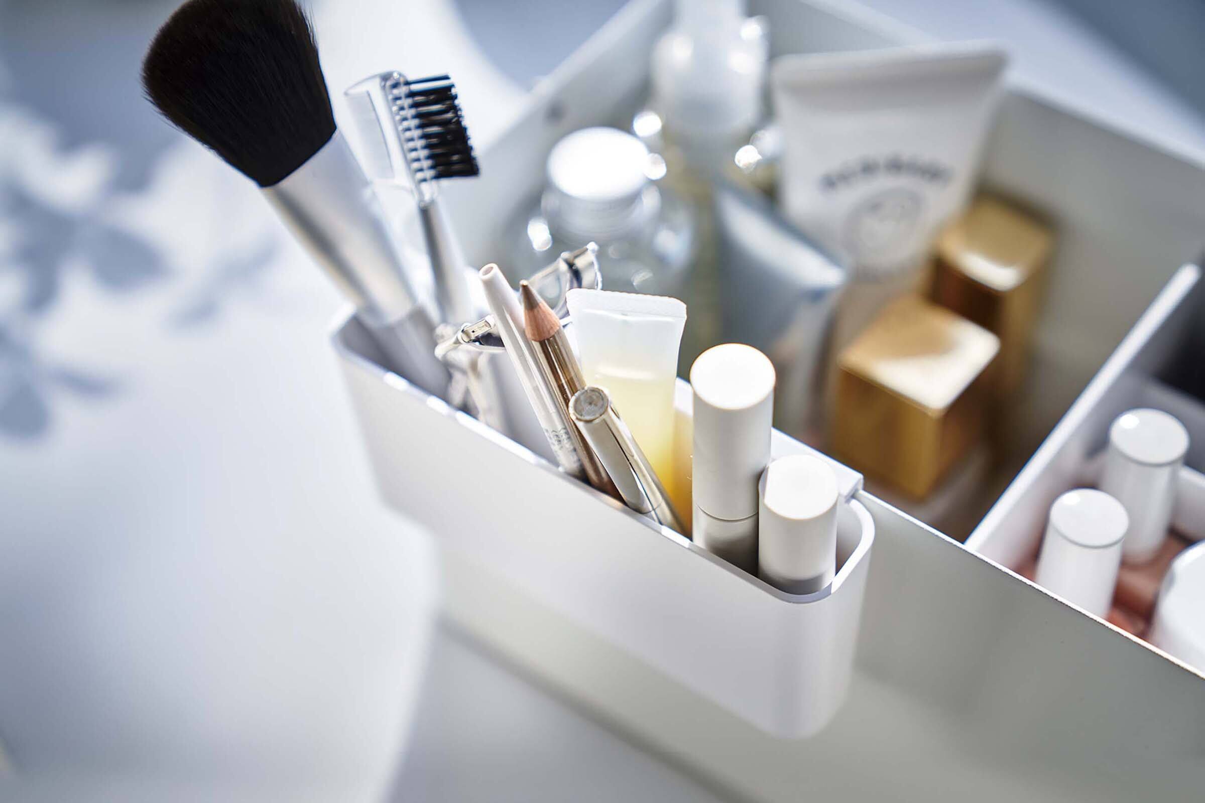 Back. Yamazaki Home - Makeup Organizer with Mirror - Steel + Wood - White.