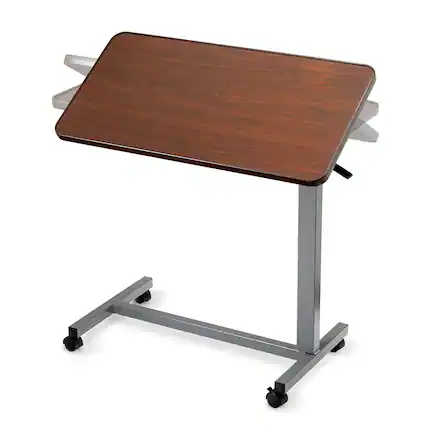 Front. Invacare - Adjustable & Tilting Table Bed - Height Adjustable Bedside Table w/ Wheels & L-Shaped Base - Brown.