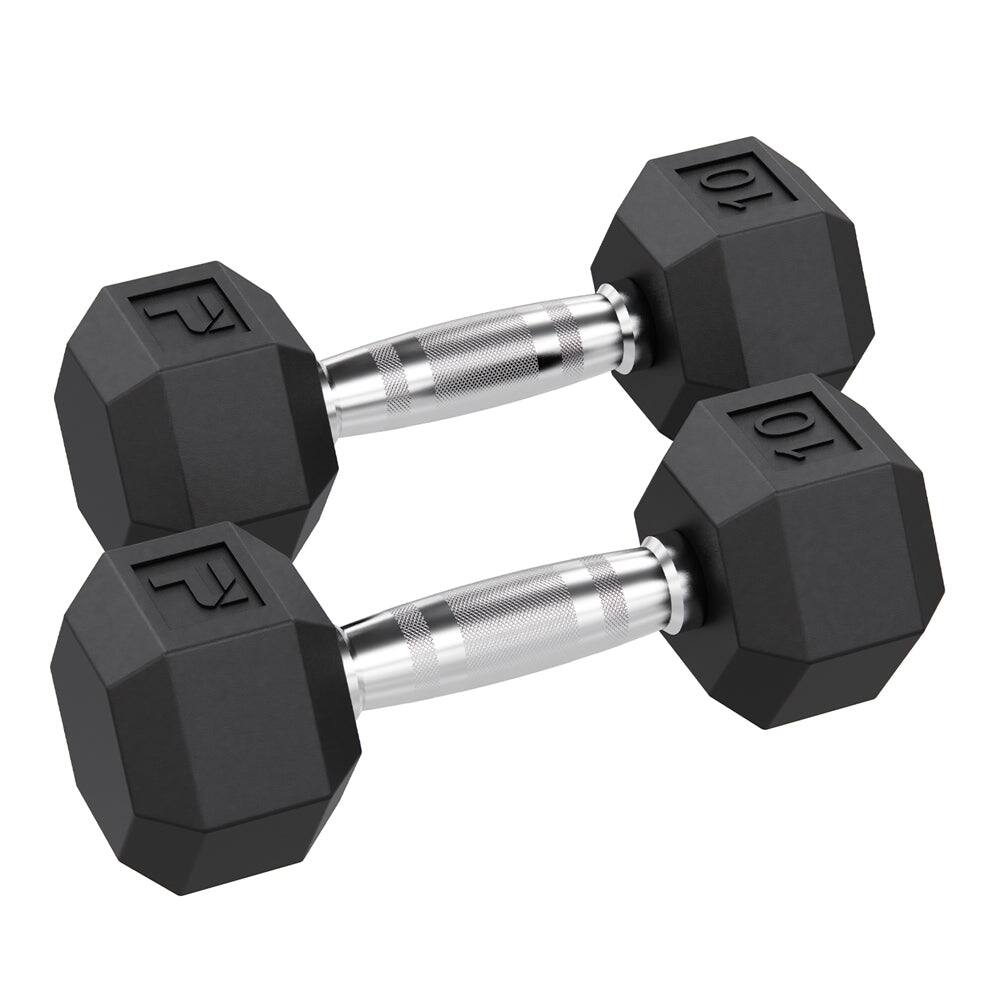 Front. Power Systems - 10 lb Rubber Hex Dumbbells, Pair of Dumbbells w/Ergonomic Grip & Hexagonal Dead Design - Black.
