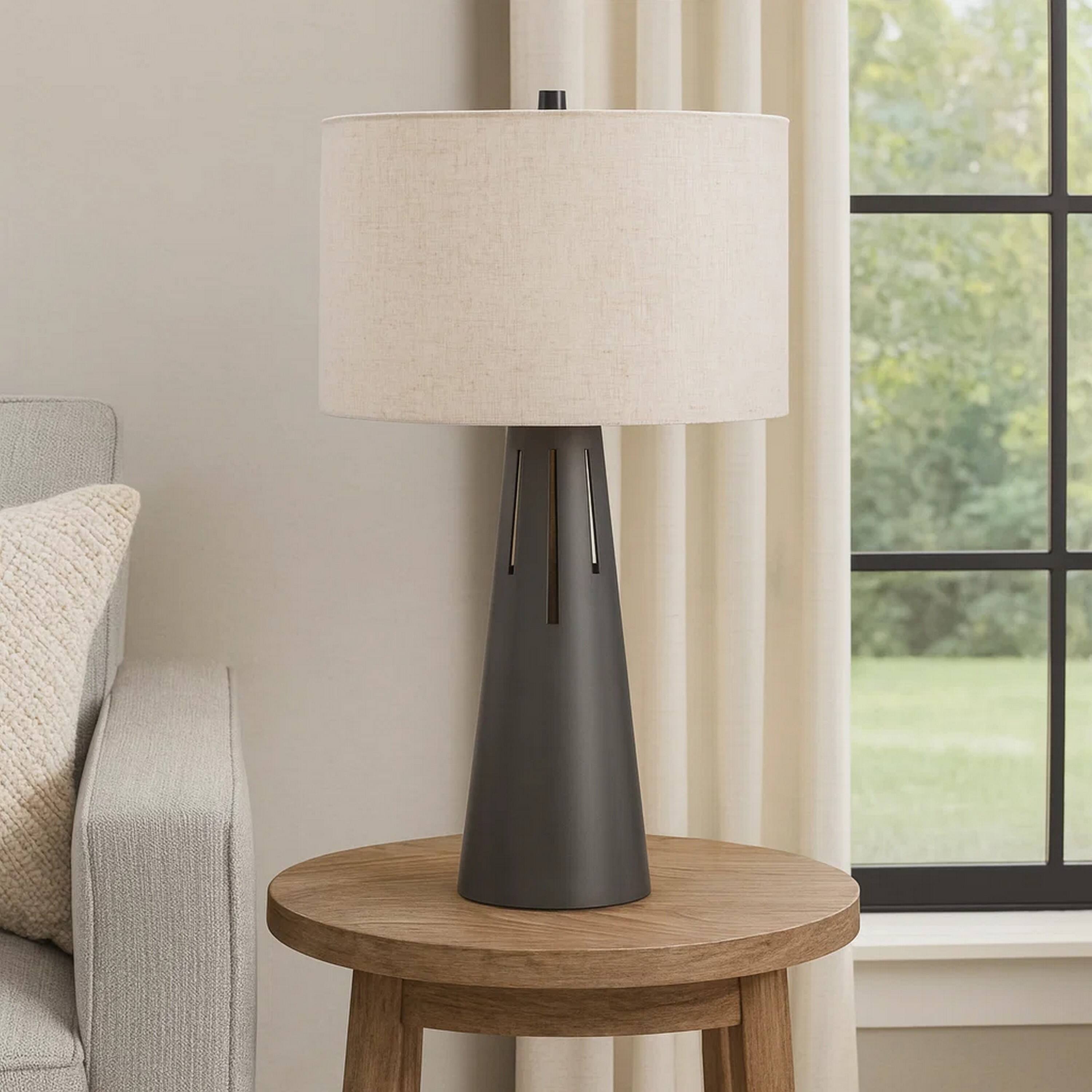 Alt View 2. Manhattan Lane - Tiy 30 Inch Table Lamp, Hardback Drum Shade, Iron Cone Base - Gray, Off White.