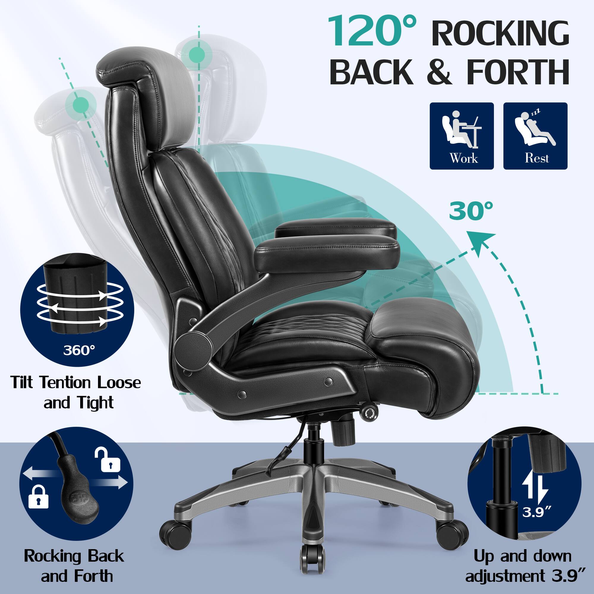 120° ROCKING BACK & FORTH

Work Rest

30°

360°

Tilt Tension Loose and Tight

Rocking Back and Forth

Up and down adjustment 3.9"