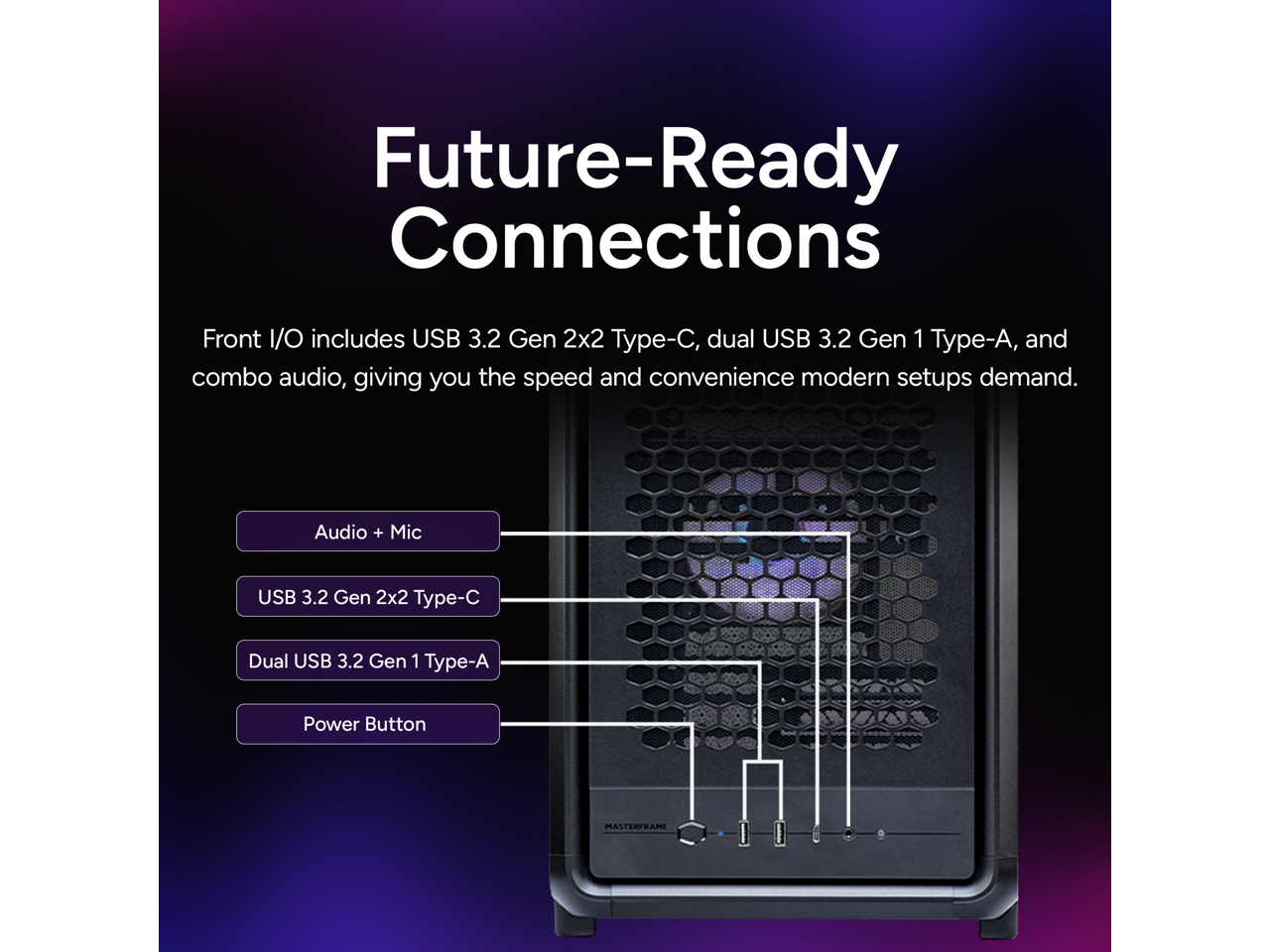 Future-Ready Connections Front I/O includes USB 3.2 Gen 2x2 Type-C, dual USB 3.2 Gen 1 Type-A, and combo audio, giving you the speed and convenience modern setups demand. Audio + Mic USB 3.2 Gen 2x2 Type-C Dual USB 3.2 Gen 1 Type-A Power Button