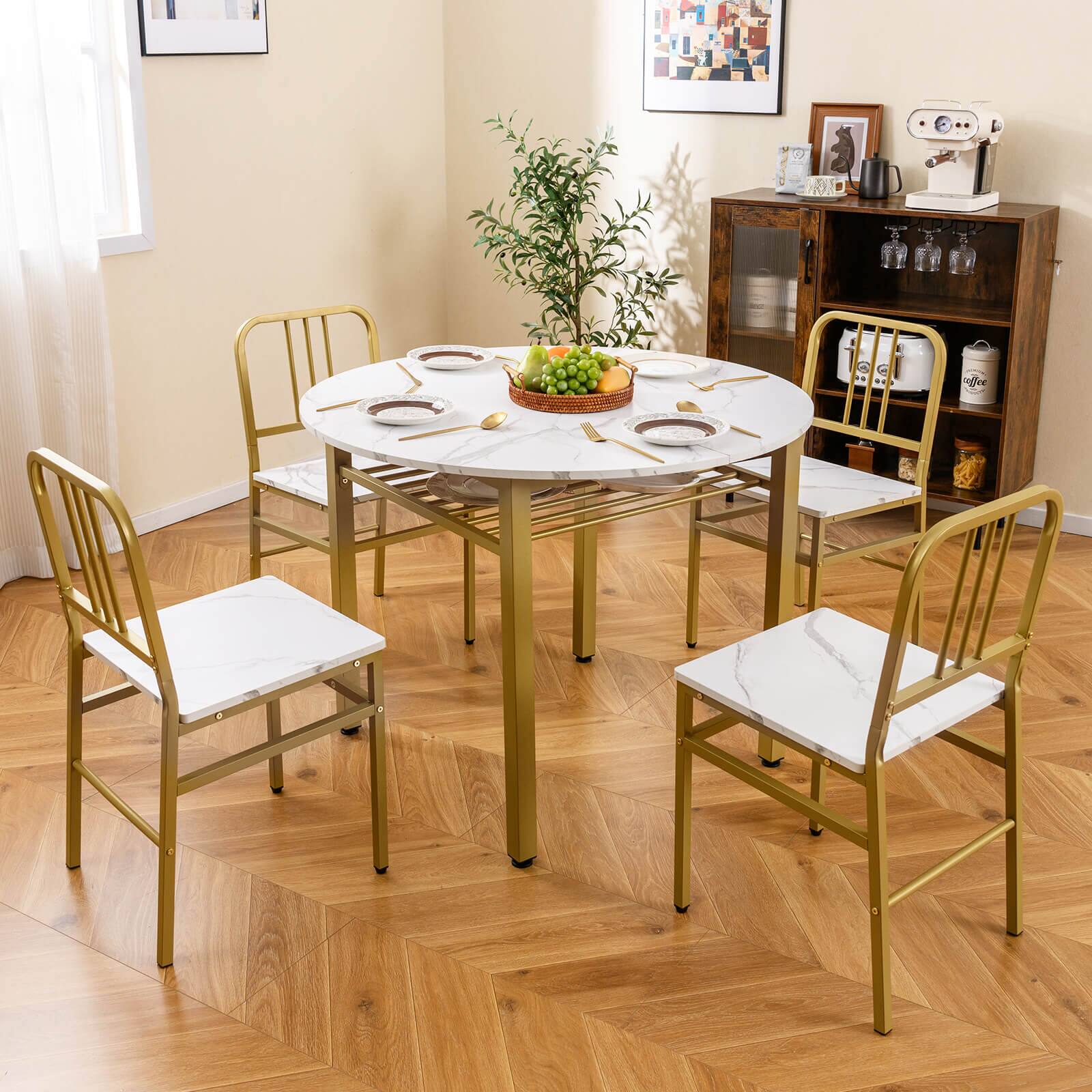 Alt View 5. Costway - Costway 5-Piece Round Dining Table Set, Space-saving Dinette Table Set with Storage Shelf - White,Gold.