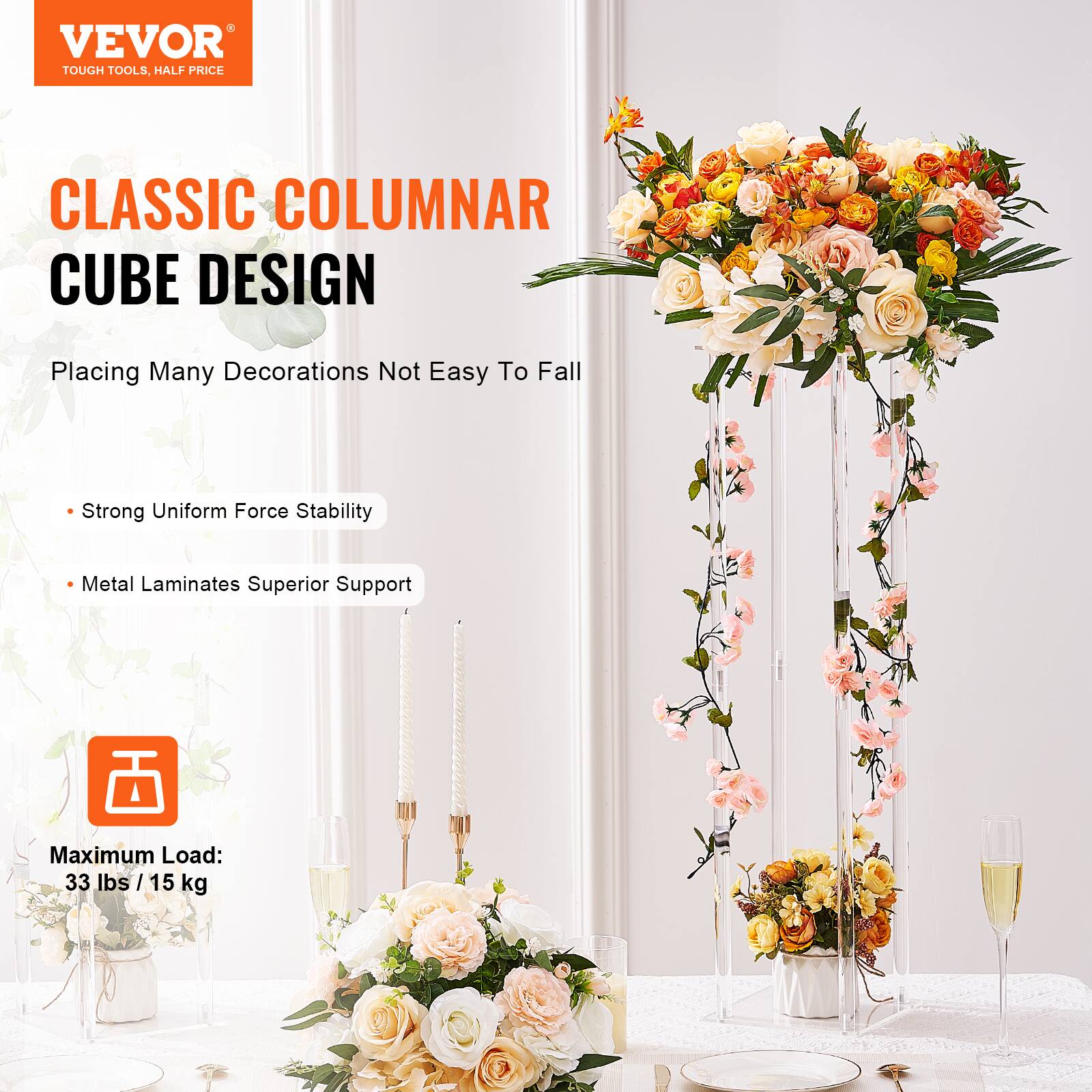VEVOR TOUGH TOOLS. HALF PRICE CLASSIC COLUMNAR CUBE DESIGN  
Placing Many Decorations Not Easy To Fall  
- Strong Uniform Force Stability  
- Metal Laminates Superior Support  
Maximum Load: 33 lbs / 15 kg