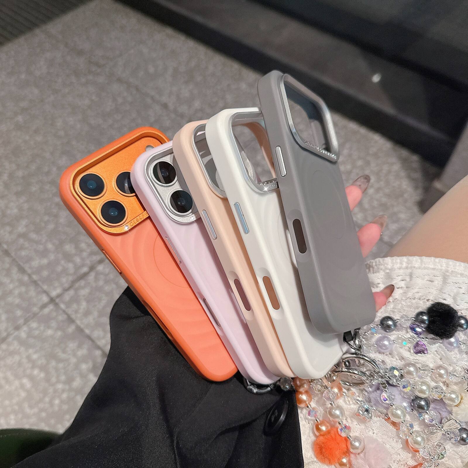 Angle. Dteck - Shockproof Wave Texture Phone Case for Apple iPhone 17 Pro with Pearl Beaded Wrist Strap, Chic Magnetic Protective Cover - White.
