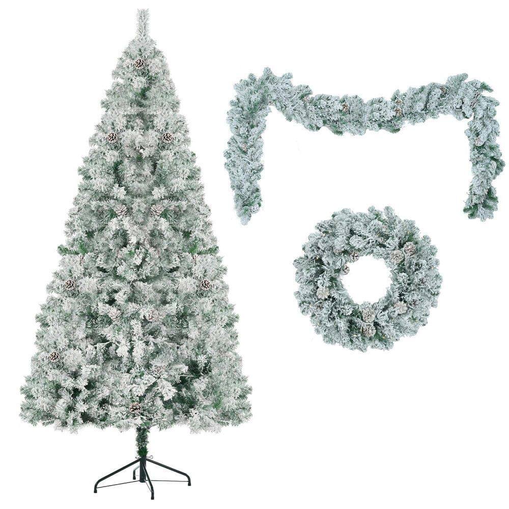 Back. Resenkos - 6ft Pre-Lit Snow Flocked Christmas Tree Bundle with Wreath, Features Pine Cones and Colorful LEDs, White and Green - Green.