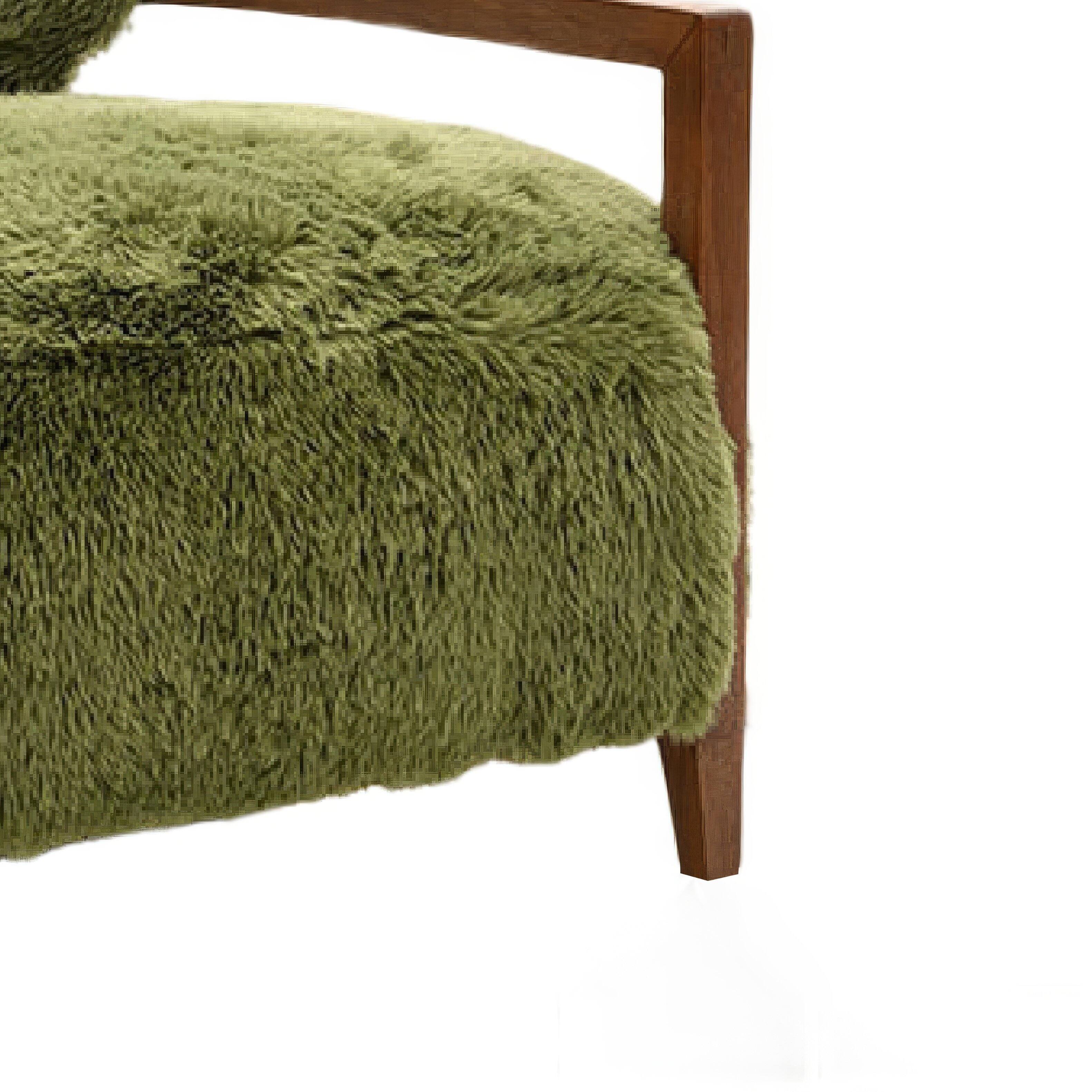Left. Manhattan Lane - Emery Accent Chair with Wooden Arms Sculptural Design Faux Fur - Green, Walnut Brown.