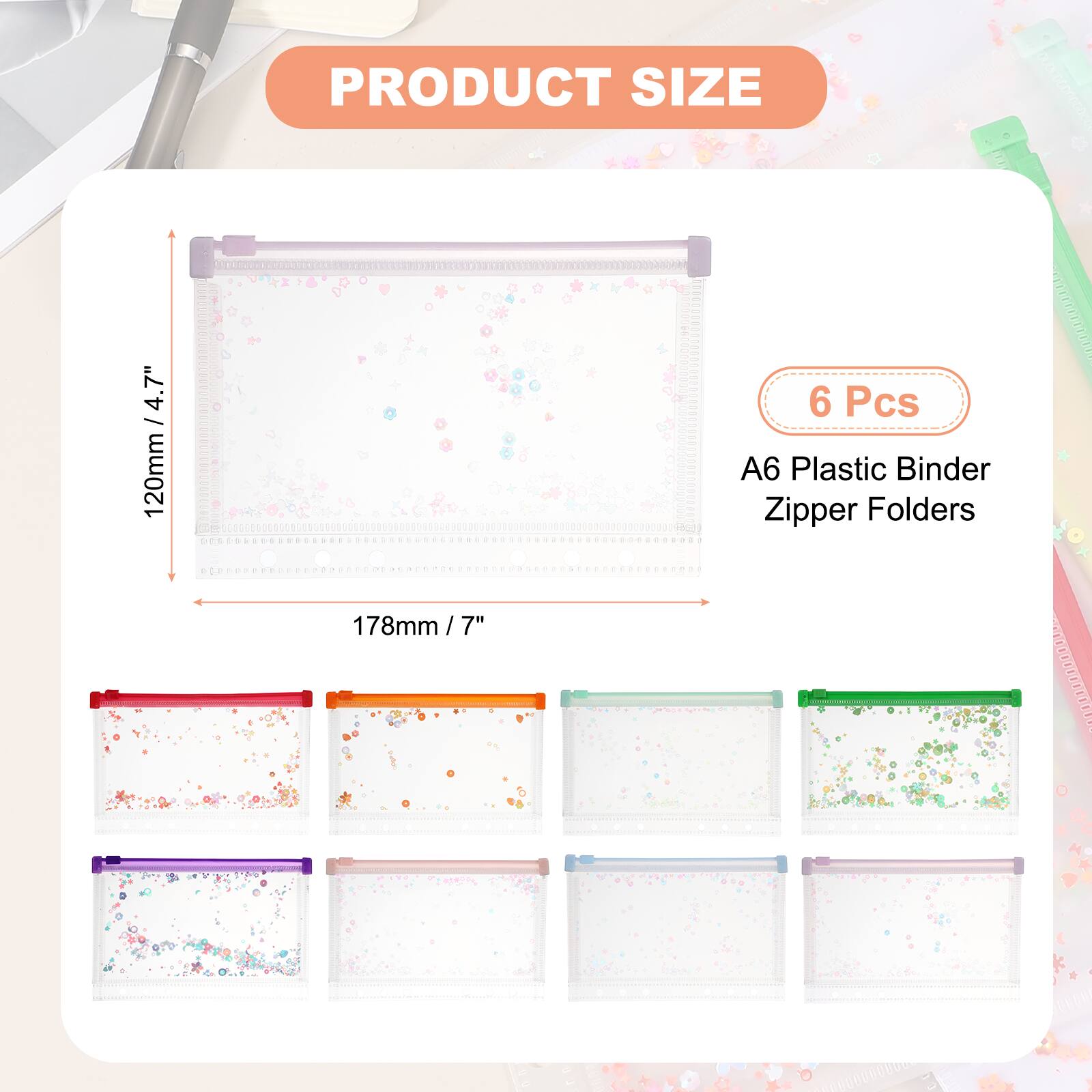 PRODUCT SIZE 4.7" / 120mm  
6 Pcs  
A6 Plastic Binder Zipper Folders  
178mm / 7"
