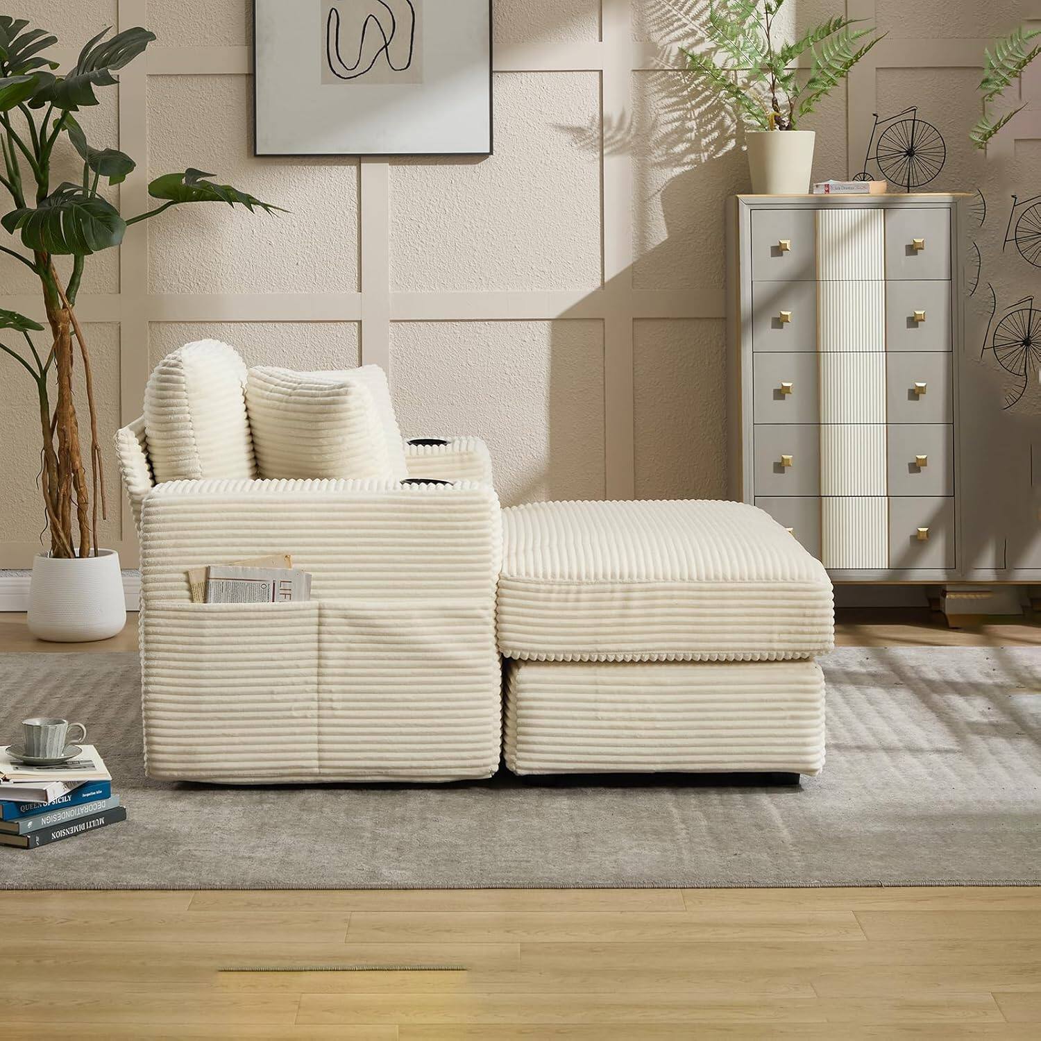 Alt View 5. Trinkets Crazed - Corduroy Chaise Lounge Chair Indoor, Comfy Fluffy Single Sleeper Sofa with Cup Holders and Pockets - beige.