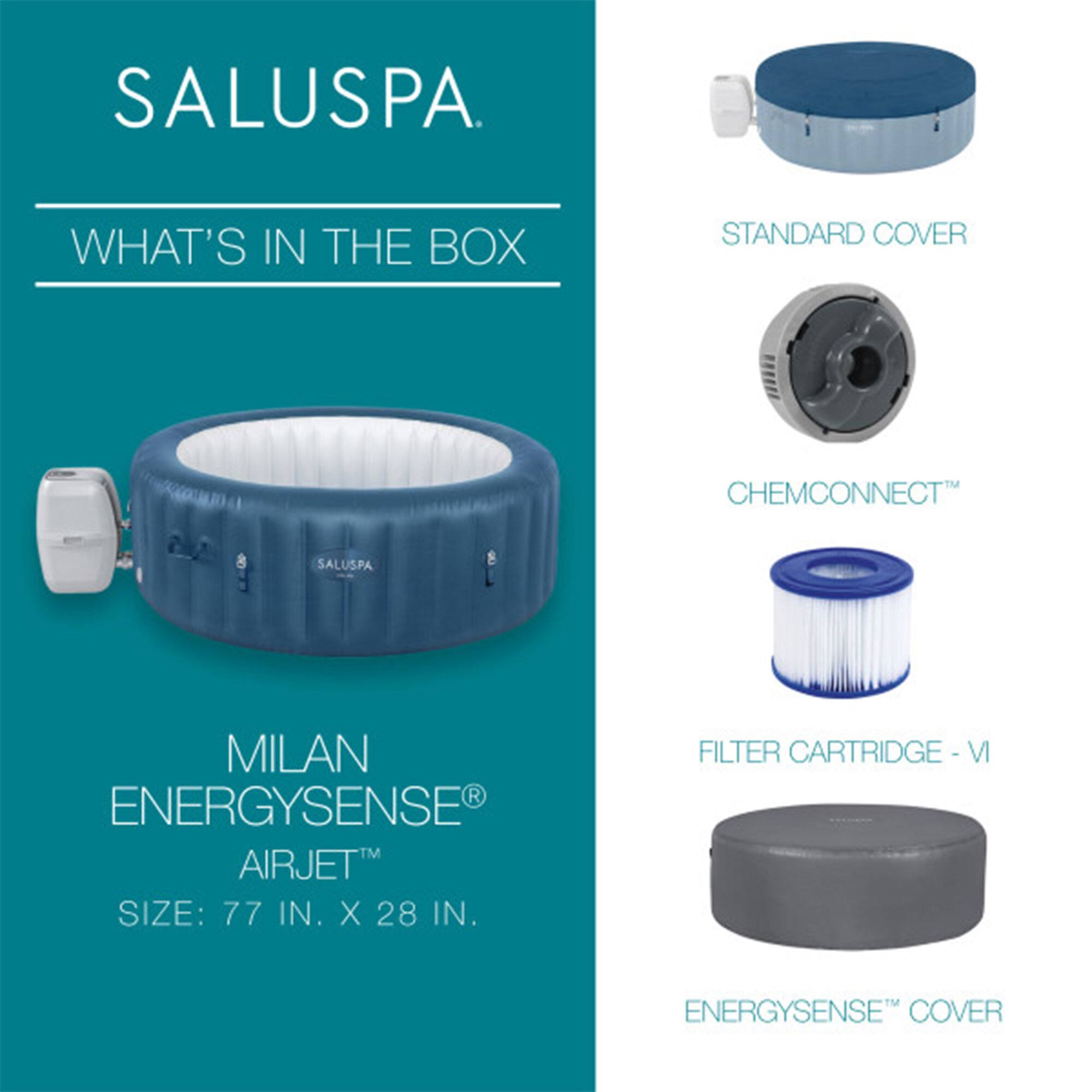 SALUSPA

WHAT'S IN THE BOX

MILAN ENERGYSENSE® AIRJET™  
SIZE: 77 IN. X 28 IN.

STANDARD COVER  
CHEMCONNECT™  
FILTER CARTRIDGE - VI  
ENERGYSENSE™ COVER