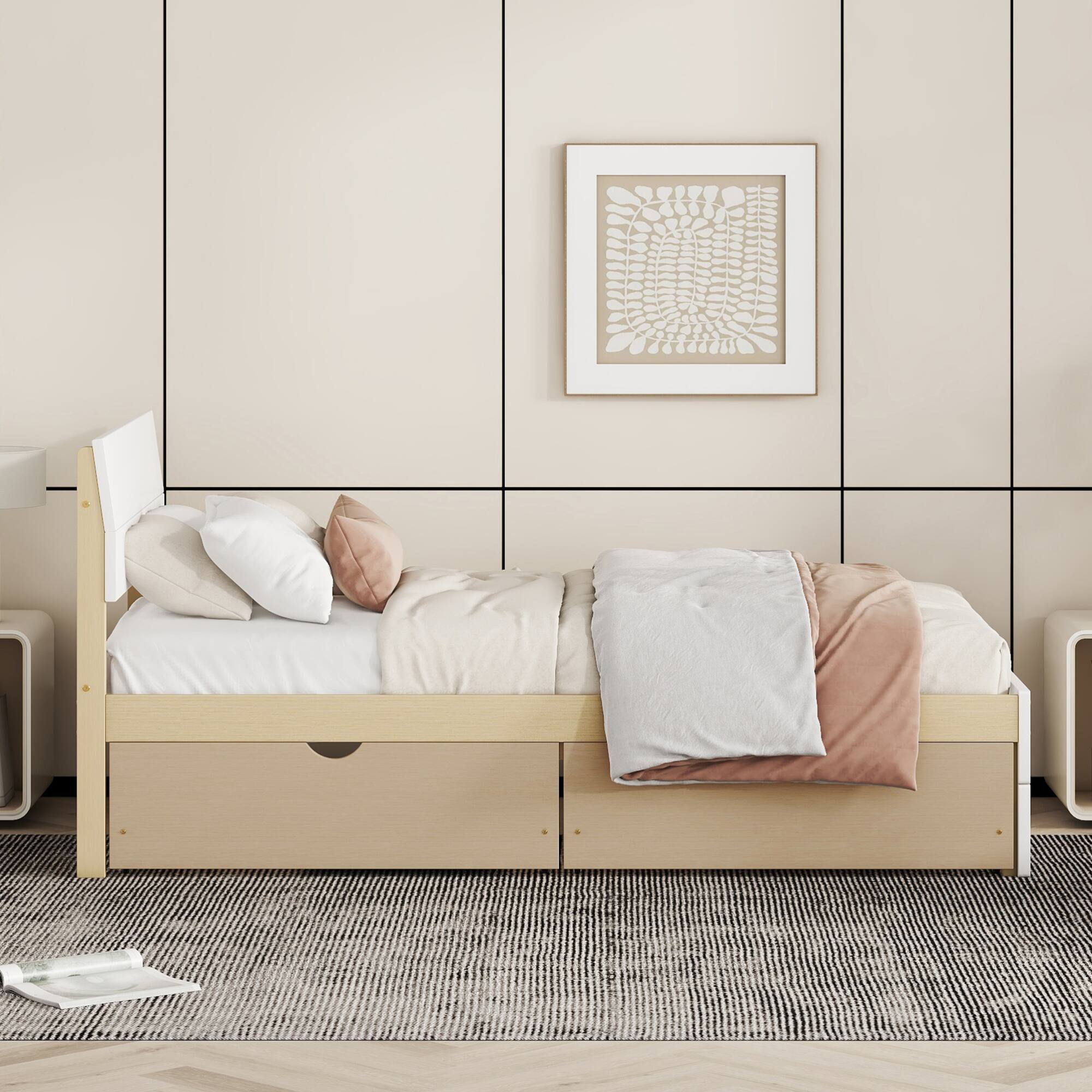 Back. GOODSILO - Modern Twin Bed Frame with Storage Drawers and High Gloss Finish - White+Light Oak.