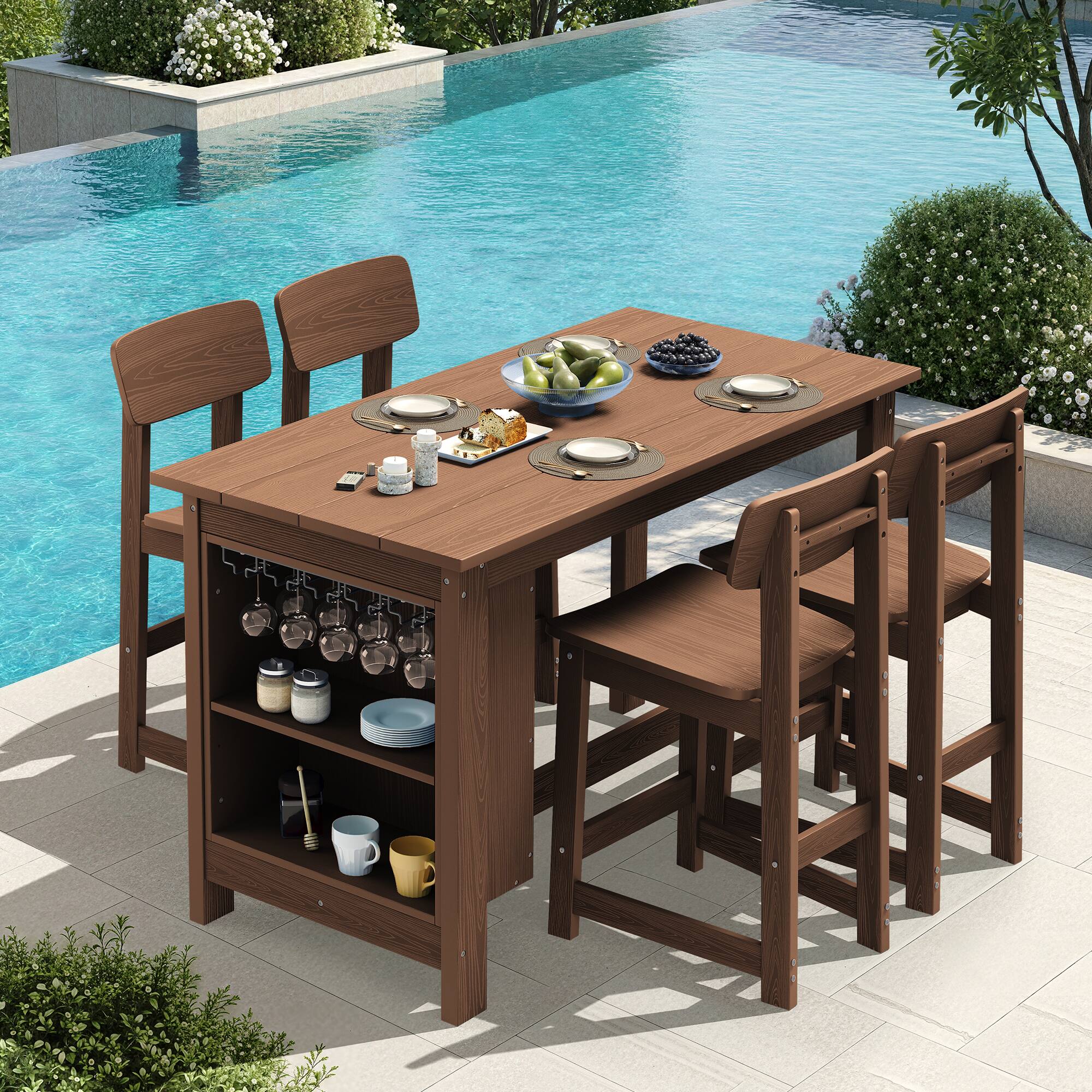 Alt View 9. SERWALL - Outdoor HDPE Counter-Height Bar Table with Storage Rack - Brown.
