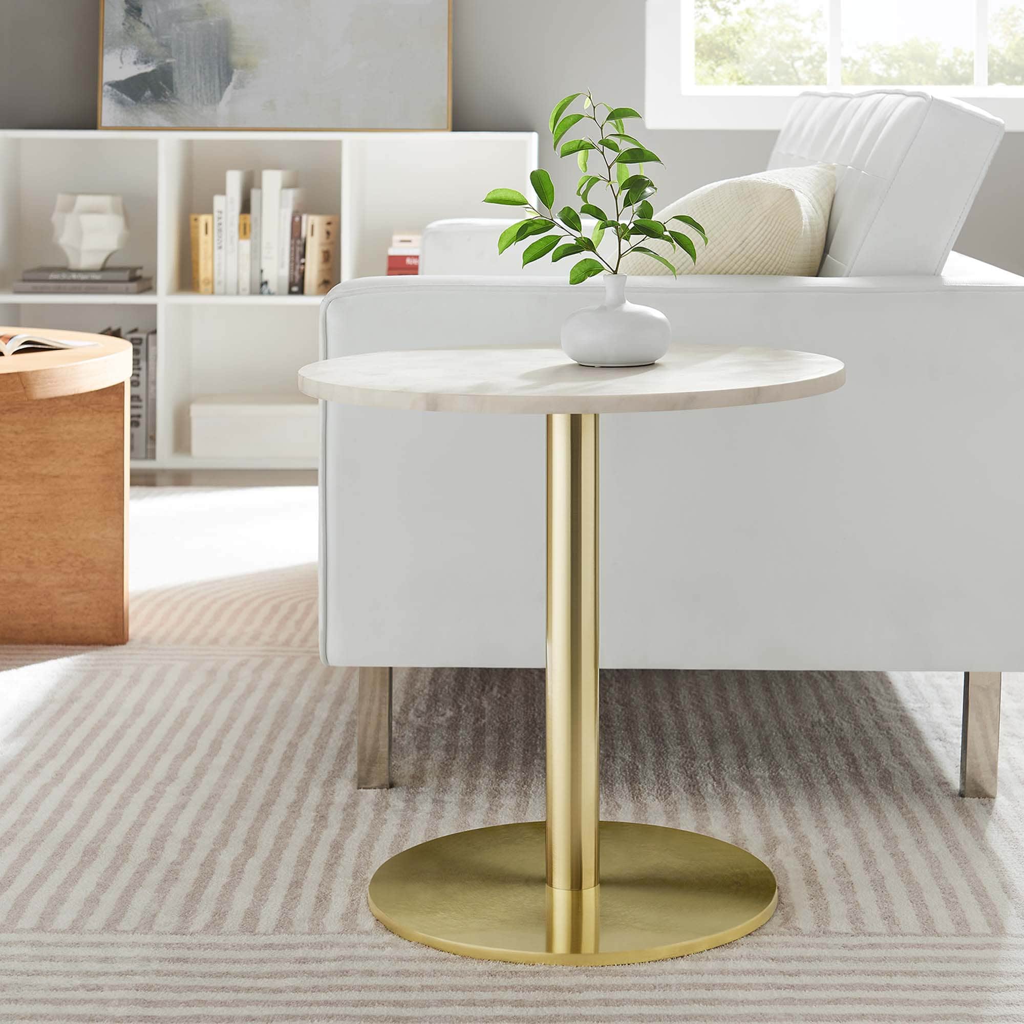 Viva Round White Marble Side Table by Modway - Brass White