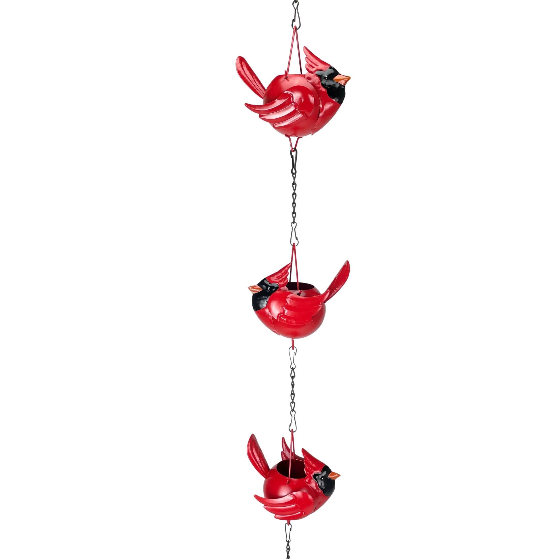 Alt View 1. Things2Die4 - 85-Inch Metal Rain Chain - 7 Red Cardinal Birds - Weighted Bell - Brown Finish - Bright Red.