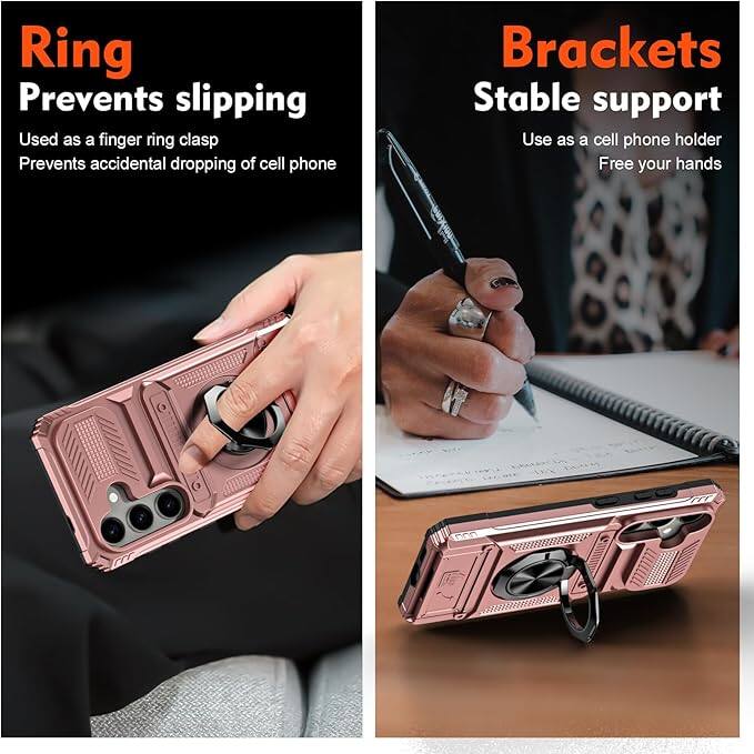 **Ring**  
Prevents slipping  
Used as a finger ring clasp  
Prevents accidental dropping of cell phone  

**Brackets**  
Stable support  
Use as a cell phone holder  
Free your hands