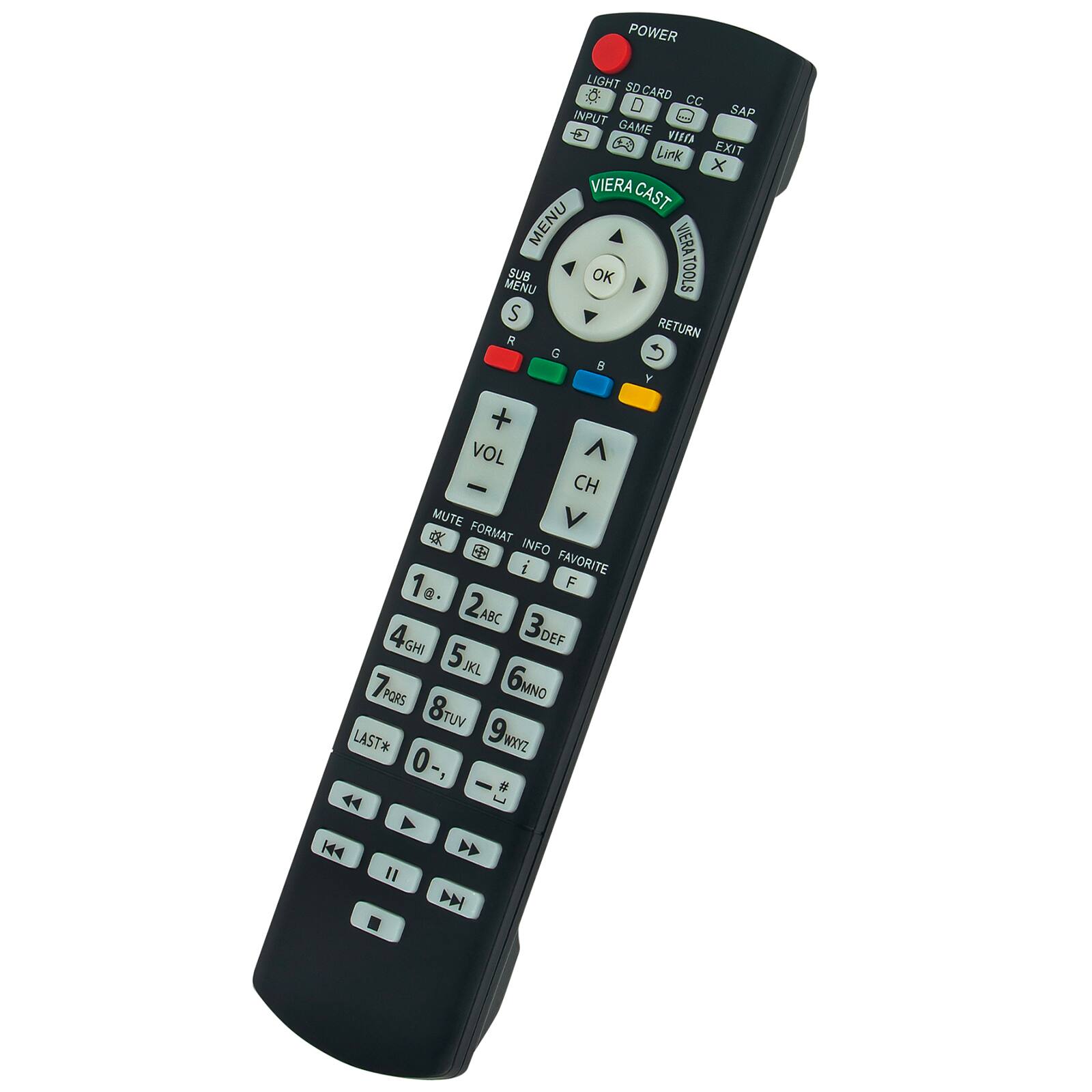 Sure, here is the corrected and grouped text from the image:

**Top Section:**
- POWER
- LIGHT
- SD CARD
- CC
- SAP
- INPUT
- GAME
- Link
- EXIT
- VIERA CAST
- MENU
- VIERATOOLS
- SUB
- OK
- RETURN
- G
- B
- Y
- R
- MENU
- FORMAT
- INFO
- FAVORITE
- 1
- 2
- 3
- 4
- 5
- 6
- 7
- 8
- 9
- 0
- LAST*
- VOL
- CH
- MUTE
- 1@.
- 2ABC
- 3DEF
- 4GHI
- 5JKL
- 6MNO
- 7PQRS
- 8TUV
- 9WXYZ
- 0-,
- 1- #
- 44
- Y
- 144
- I D .

**Bottom Section:**
- MUTE
- FORMAT
- INFO
- FAVORITE
- 1
- 2
-