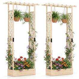 Costway - 2 PCS 89" Wooden Raised Garden Bed with Trellis & Hanging Roof, Drainage Holes - Natural