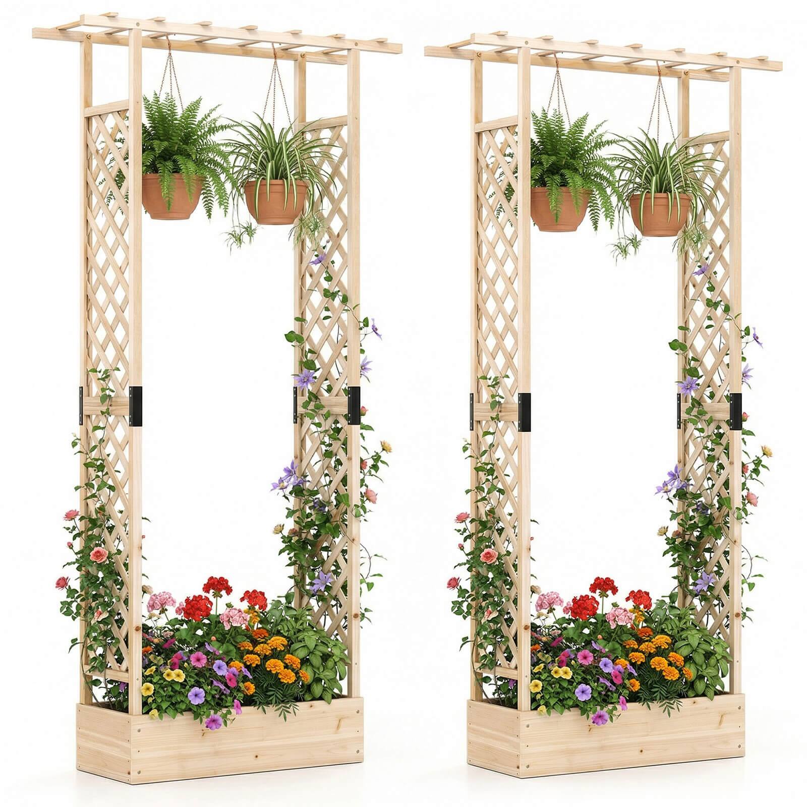 Front. Costway - Costway 2 PCS 89" Wooden Raised Garden Bed with Trellis & Hanging Roof, Drainage Holes - Natural.