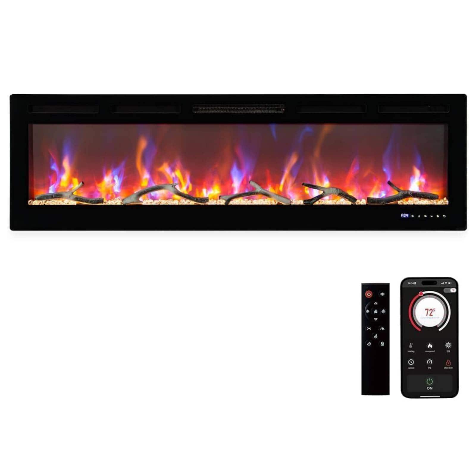 Babevy - 88" Smart Electric Fireplace, Wall-Mounted & Recessed, WiFi/Alexa Control, 1500W Dual Heat with Thermostat, 3D Flames - Black