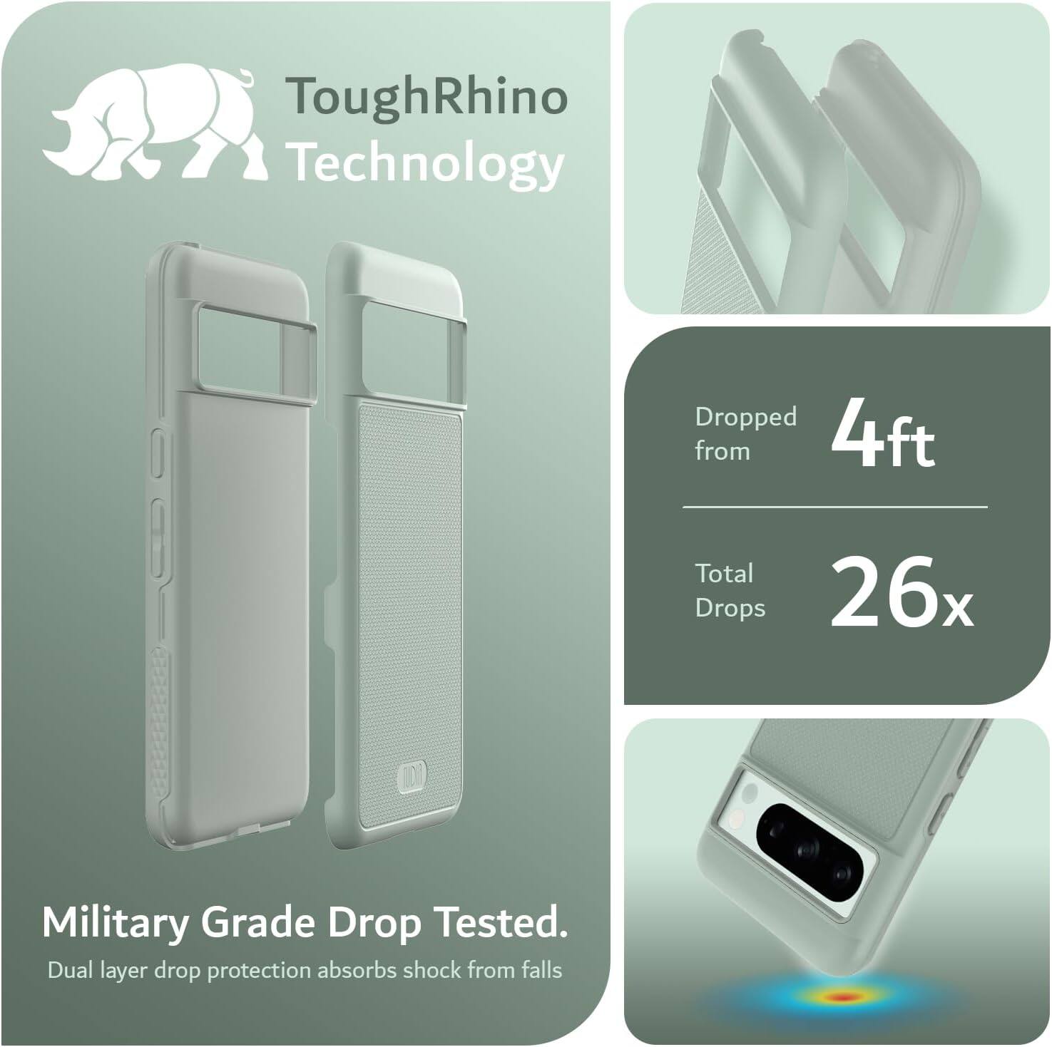 ToughRhino Technology

Dropped from 4ft  
Total Drops 26x

Military Grade Drop Tested.  
Dual layer drop protection absorbs shock from falls