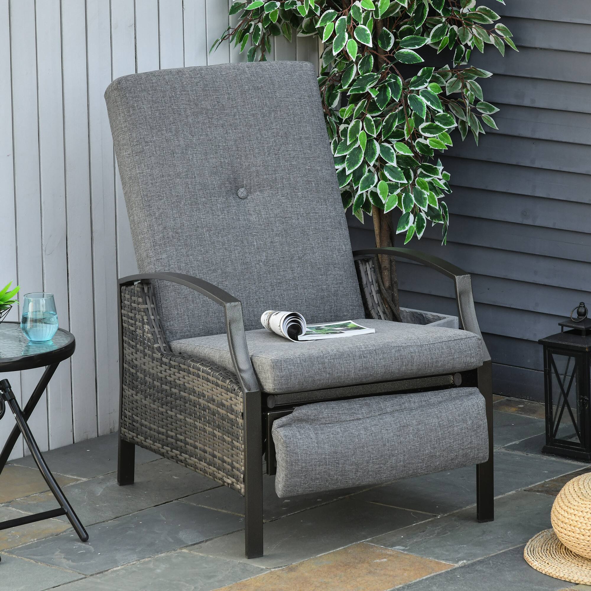 Alt View 1. Outsunny - Outdoor Recliner Chair, Reclining Patio Lounge Chair with Comfy Cushions, Footrest, Armrests, PE Wicker - Grey.