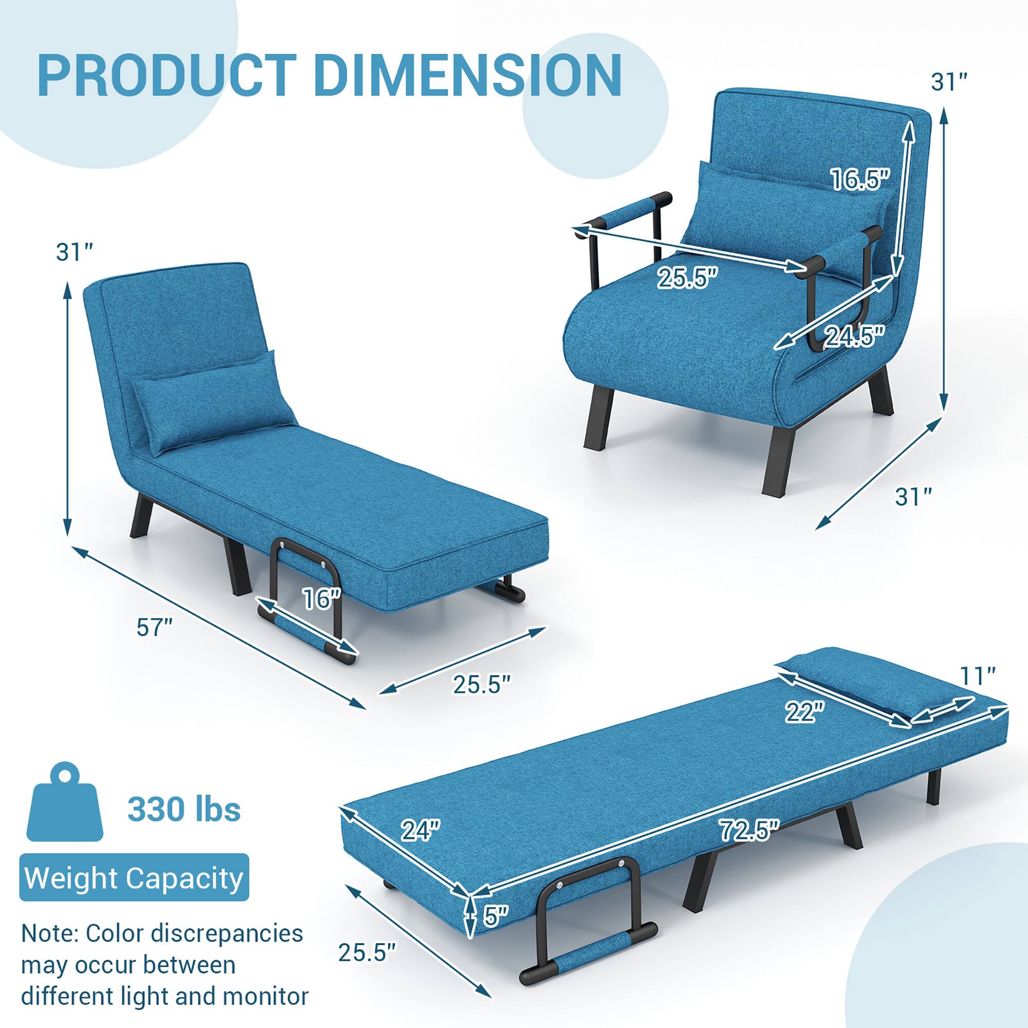**PRODUCT DIMENSION**

- **Chair:**
  - Height: 31"
  - Width: 25.5"
  - Depth: 24.5"
  - Seat Height: 16.5"
  - Armrest Height: 31"

- **Chaise Lounge:**
  - Length: 72.5"
  - Width: 22"
  - Depth: 11"
  - Height: 25.5"
  - Seat Height: 5"

- **Overall:**
  - Length: 57"
  - Width: 25.5"
  - Height: 31"

**Weight Capacity:** 330 lbs

**Note:** Color discrepancies may occur between different light and monitor.