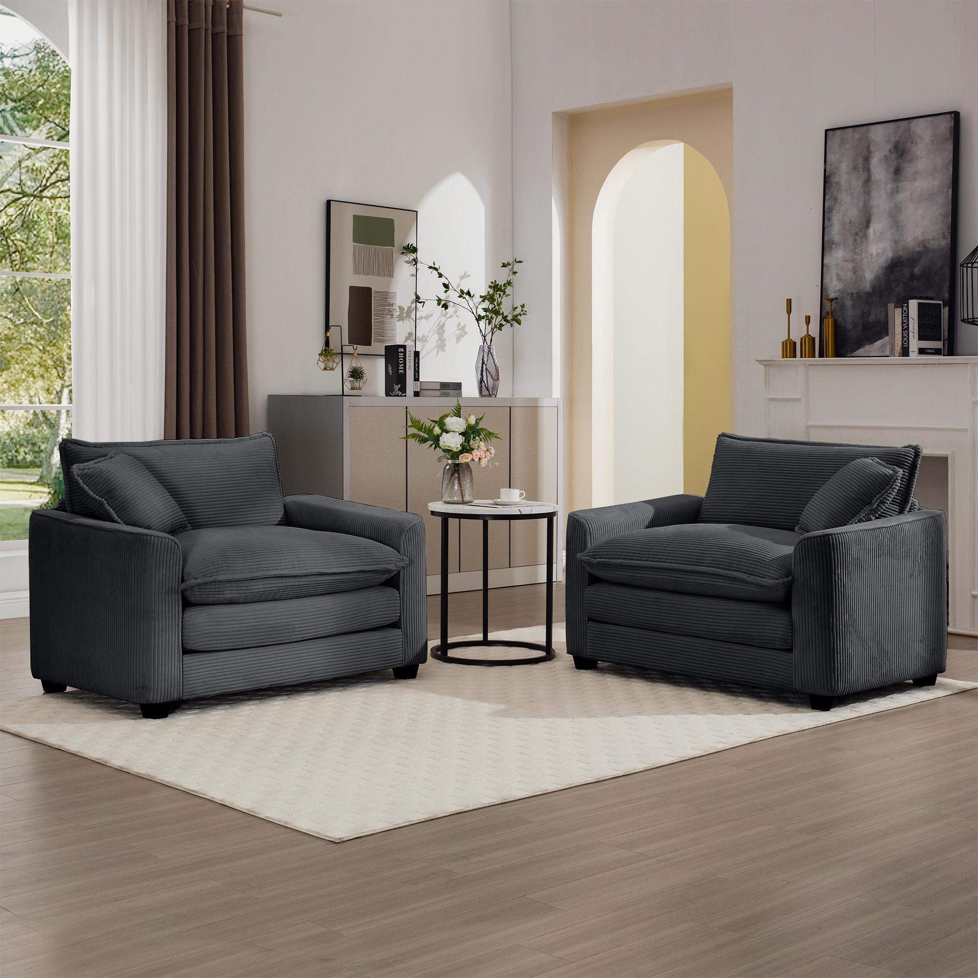 Left. LOVMOR - Luxurious and Sophisticated Deep Seated Sofa Set with Two Single Chairs in Grey Corduroy Fabric Suitable for Bedroom - Grey.
