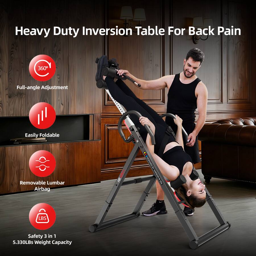 Heavy Duty Inversion Table For Back Pain  
360° Full-angle Adjustment  
Easily Foldable  
Removable Lumbar Airbag  
Safety 3 in 1  
5.330LBs Weight Capacity