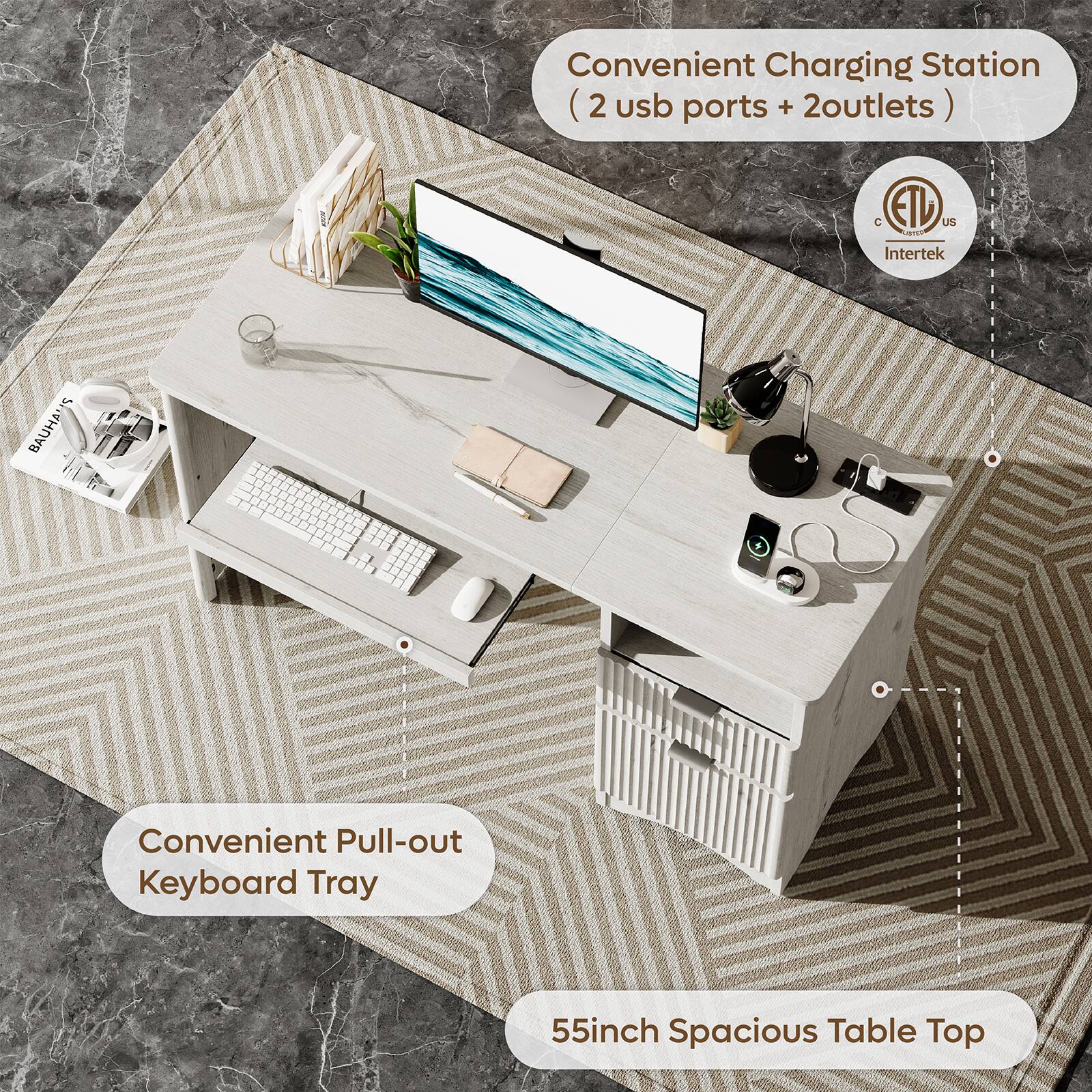 Convenient Charging Station (2 usb ports + 2 outlets)  
C ETU US Intertek  
BAUHAUS  
Convenient Pull-out Keyboard Tray  
55inch Spacious Table Top