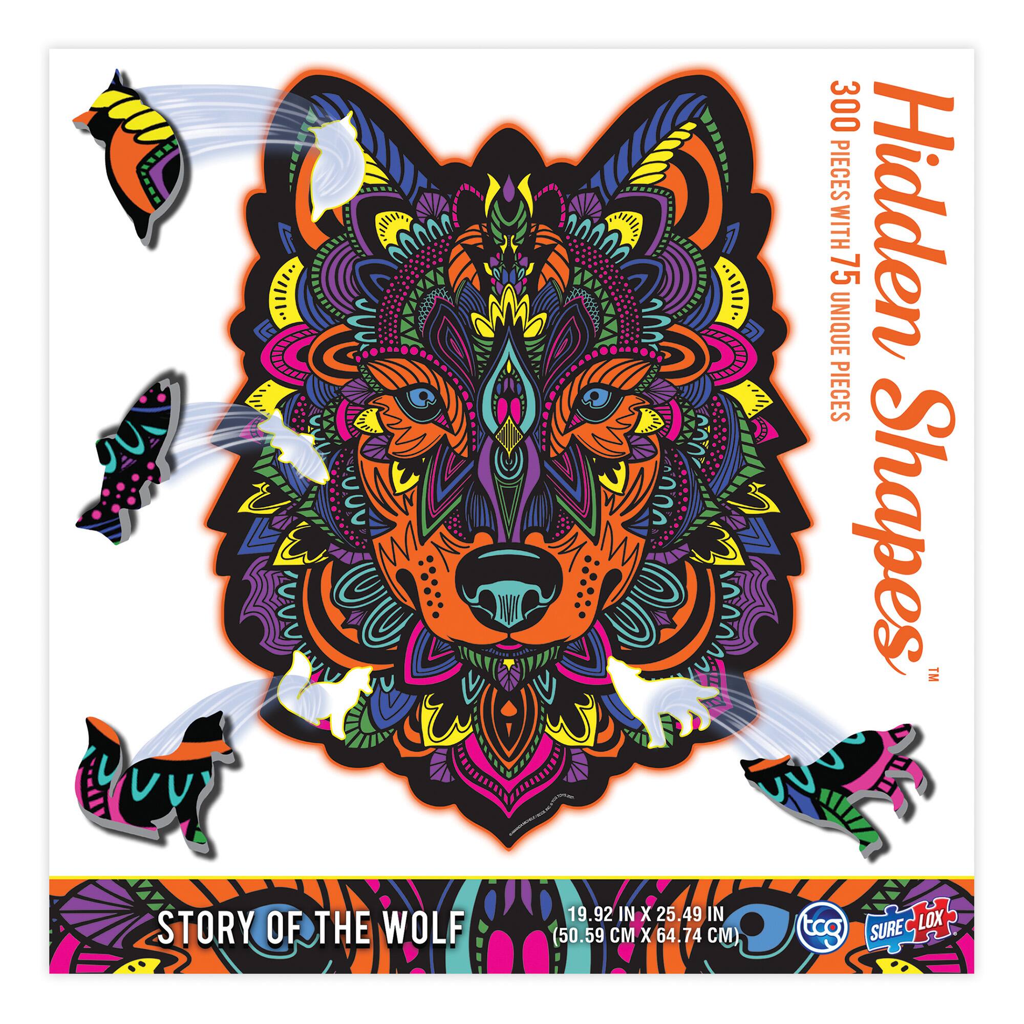 300 Pieces with 75 Unique Pieces  
Hidden Shapes™  
Story of the Wolf  
19.92 IN x 25.49 IN (50.59 CM x 64.74 CM)  
tco  
Sure Lox