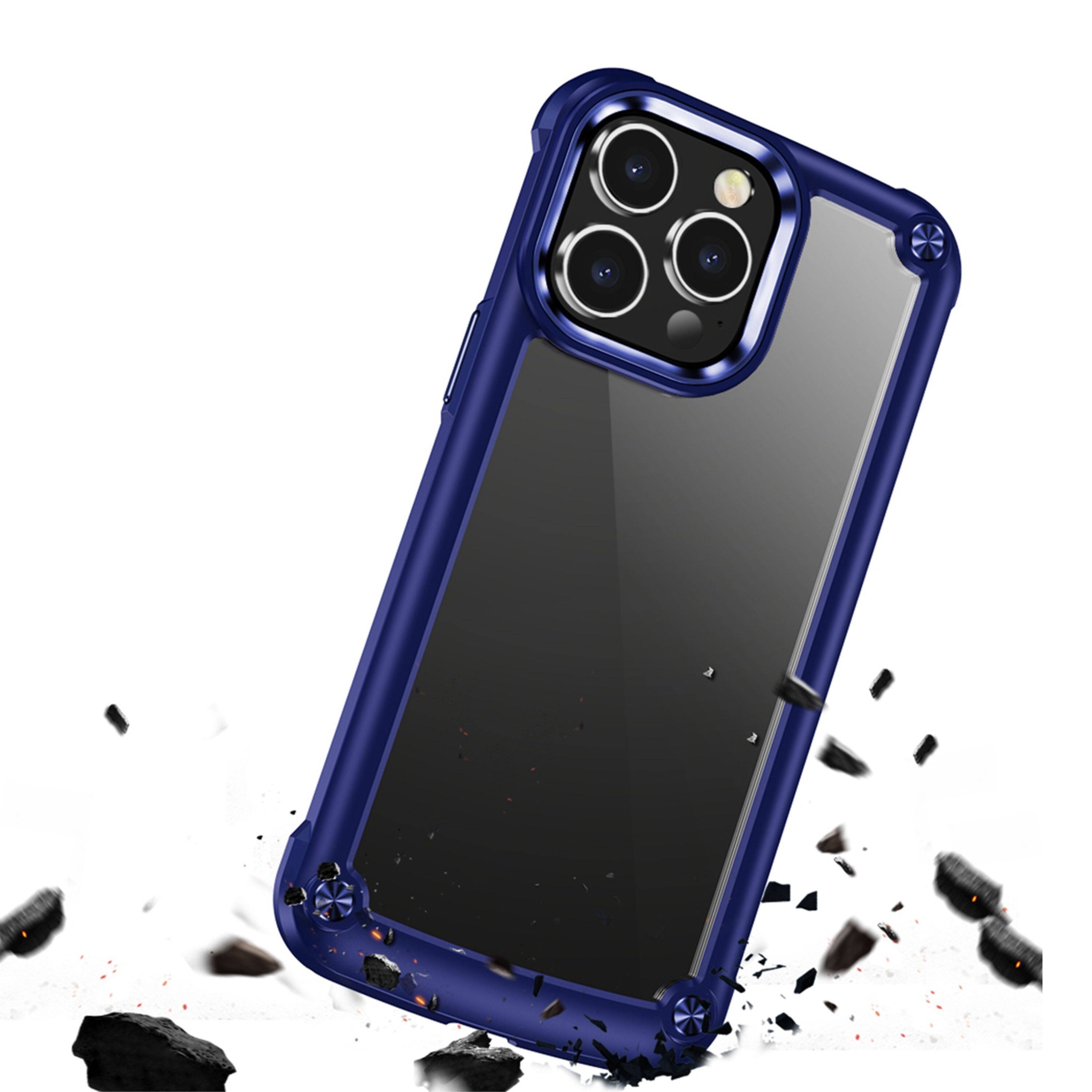Left. Kitcheniva - Hybrid Metal Buttons Raised Lip Phone Case With 2 Pcs Screen Protectors For iPhone 15 Pro Max Blue - Blue.