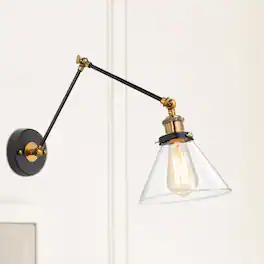 PO3TICJUNKI3 - Glass Wall Sconces Lighting Modern Industrial Swing Arm Plug In Or HardwiAdjustable Lamp With Antique Brass - Black/Brass