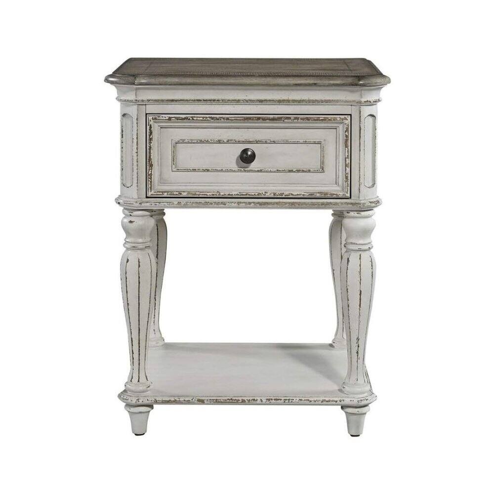 Angle. Starlight Canyon Home - Antique White Nightstand with Drawer and Bottom Shelf - White.