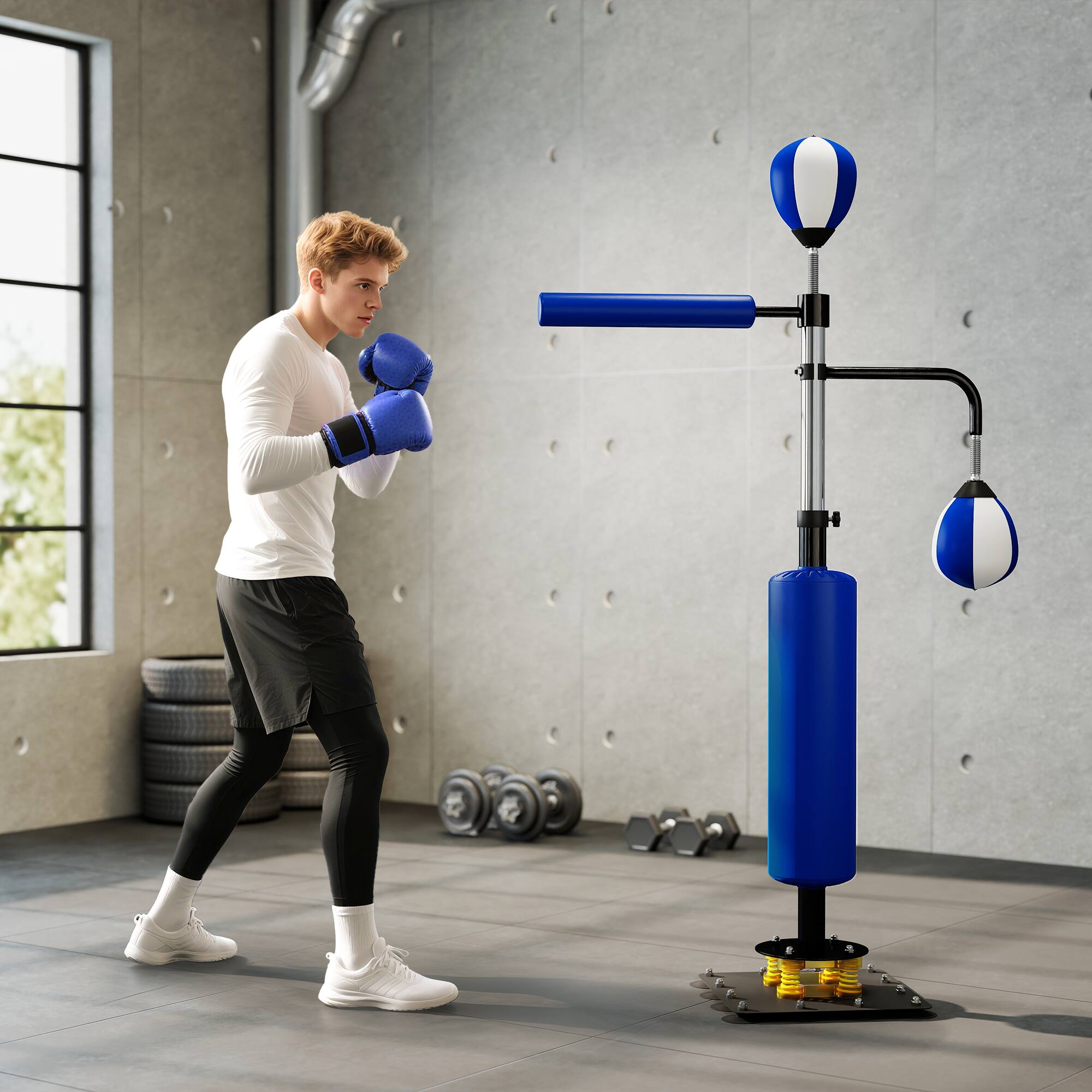 Alt View 1. Soozier - Boxing Bag Stand with Speed Bag and Reaction Bar Challenge, 55.1"-80.7" Reflex Bag Boxing Training Equipment - Blue.