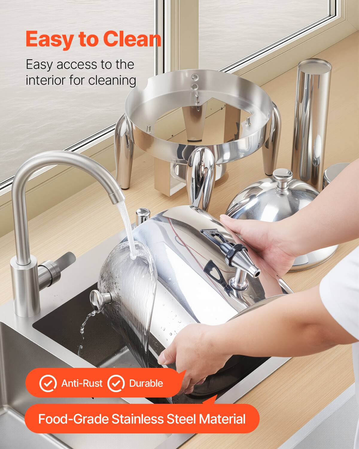 Easy to Clean  
Easy access to the interior for cleaning  

Anti-Rust  
Durable  

Food-Grade Stainless Steel Material