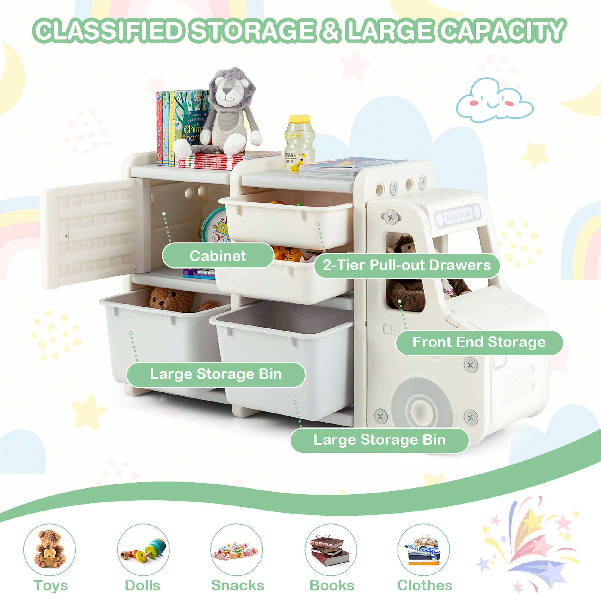 CLASSIFIED STORAGE & LARGE CAPACITY

- Cabinet
- 2-Tier Pull-out Drawers
- Front End Storage
- Large Storage Bin
- Large Storage Bin

Toys, Dolls, Snacks, Books, Clothes