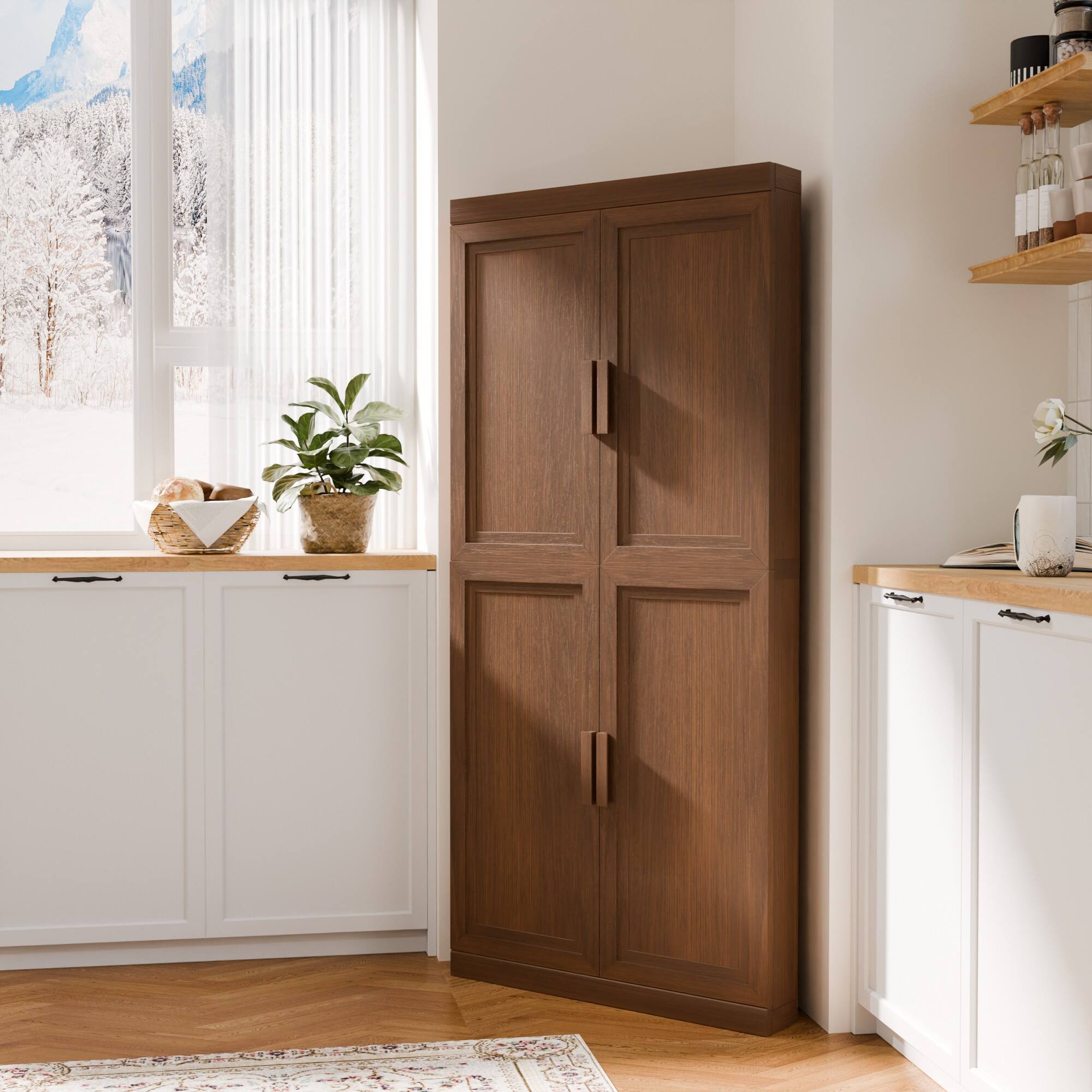 Alt View 2. PexFix - 67" Farmhouse Corner Accent Storage Cabinet with Solid Wood Doors and Adjustable Shelves for Space-Saving - Walnut.