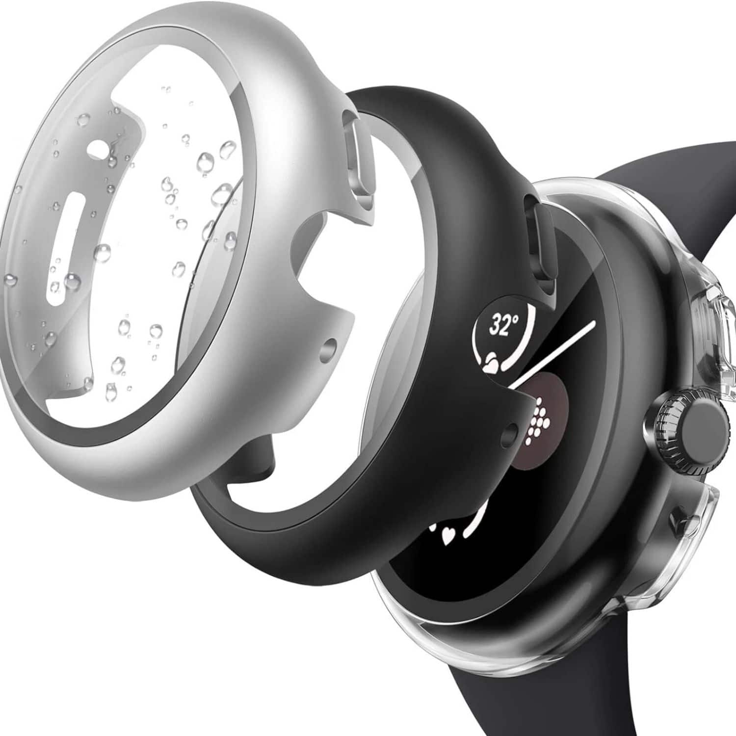 Stock Preferred - 3 Pack Hard Case for Google Pixel Watch 2/1 with Tempered Glass Screen Protector - Black/Silver/Clear