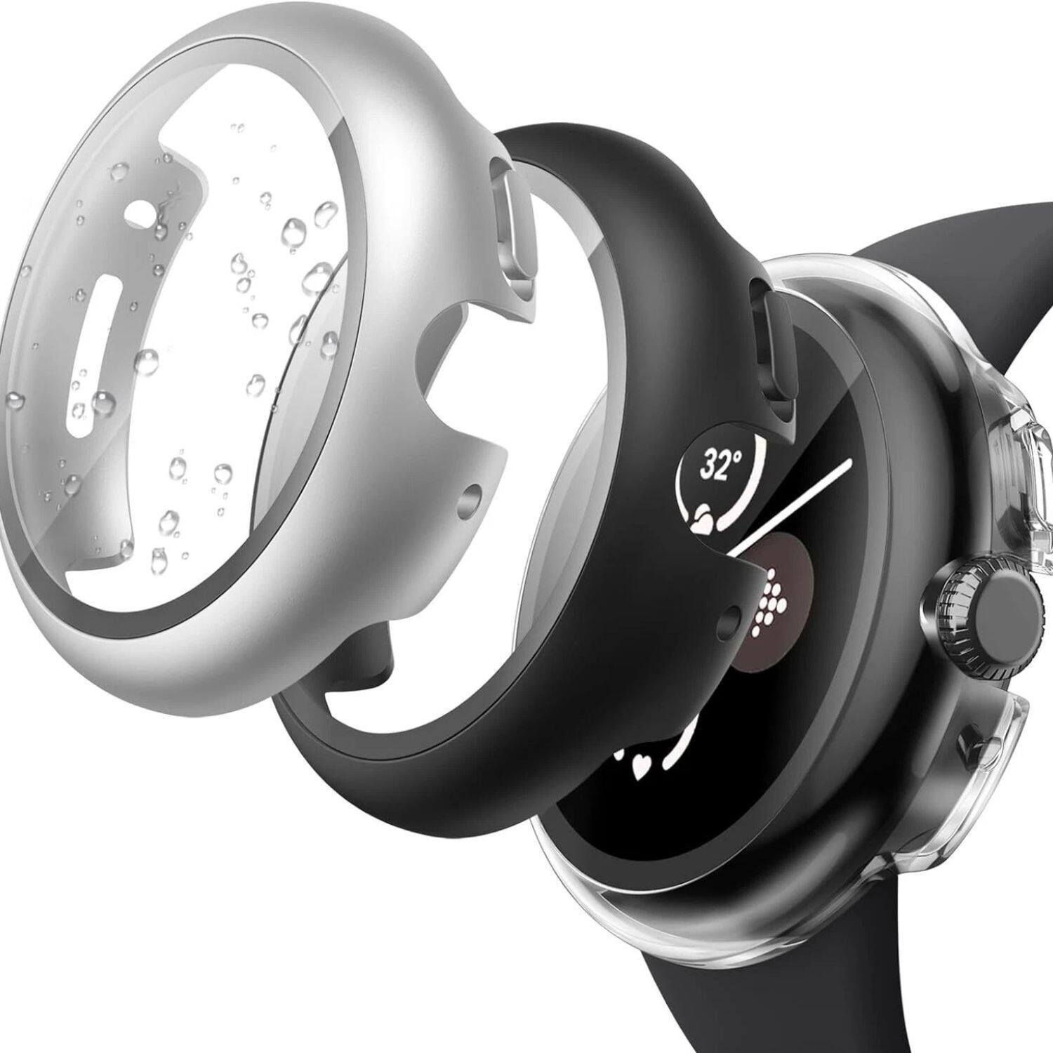 Front. Stock Preferred - 3 Pack Hard Case for Google Pixel Watch 2/1 with Tempered Glass Screen Protector Black/Silver/Clear - Black/Silver/Clear.