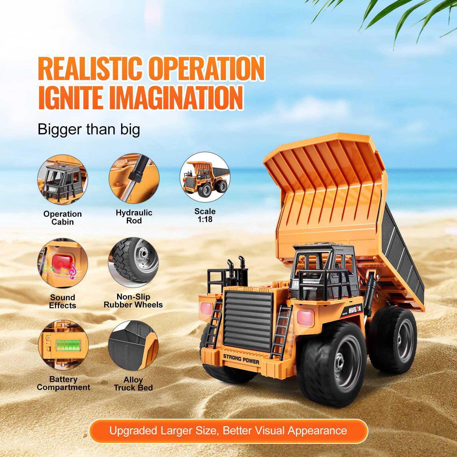 REALISTIC OPERATION IGNITE IMAGINATION  
Bigger than big  

Operation Cabin  
Hydraulic Rod  
Scale 1:18  
Sound Effects  
Non-Slip Rubber Wheels  
Battery Compartment  
Alloy Truck Bed  

Upgraded Larger Size, Better Visual Appearance