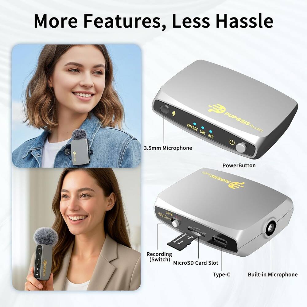 More Features, Less Hassle

- 3.5mm Microphone
- Power Button
- Recording (Switch)
- MicroSD Card Slot
- Type-C
- Built-in Microphone