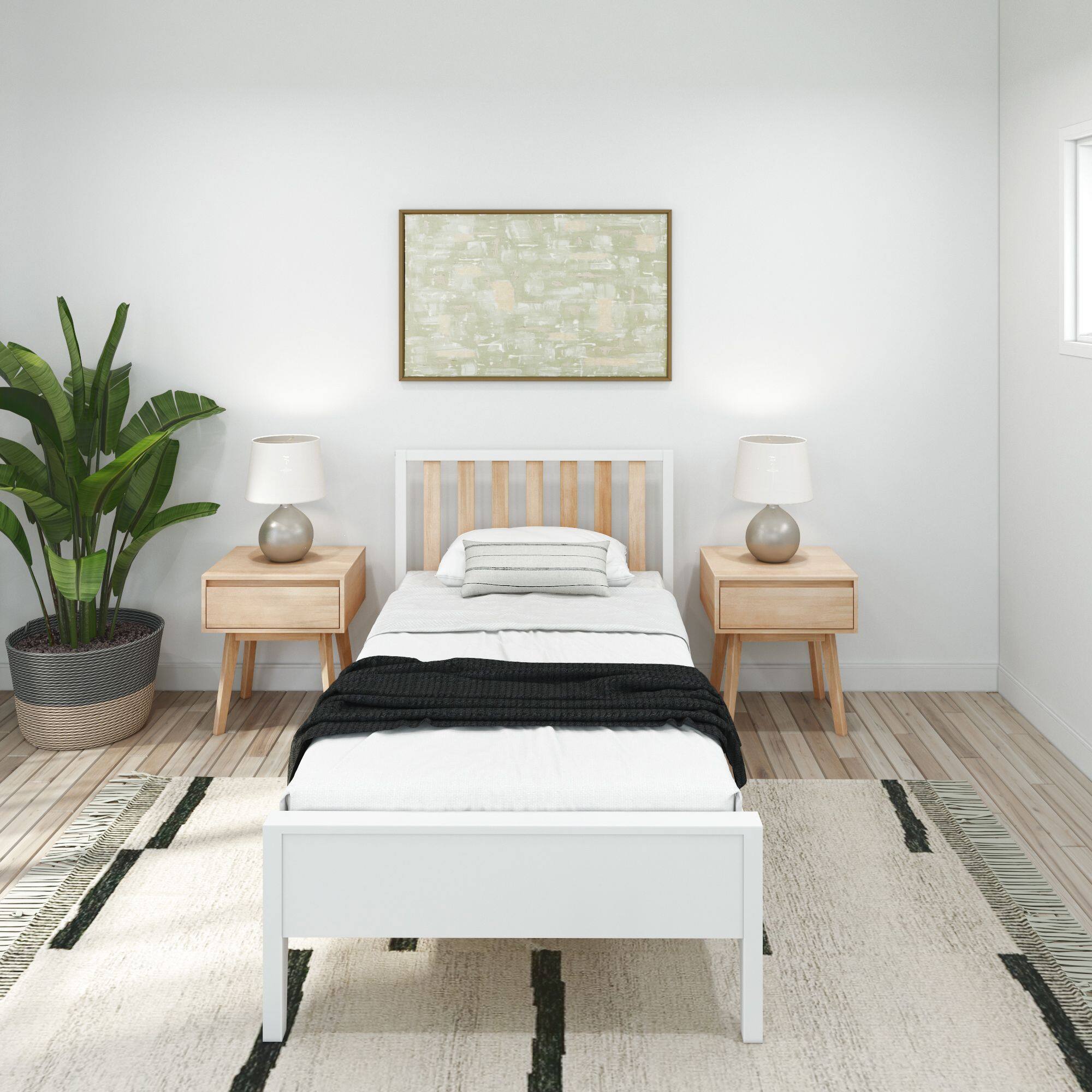Alt View 1. Plank+Beam - Scandinavian Twin-Size Bed with Slatted Headboard, White/Blonde - White/Blonde.