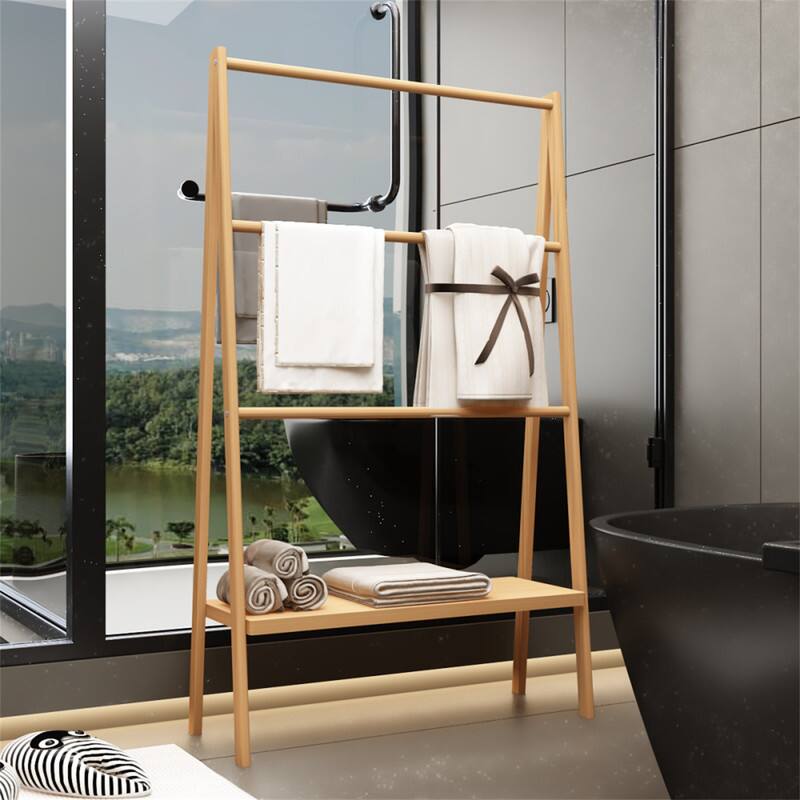Back. ALEXOUN - Bamboo Ladder Towel Rack with Storage Shelf - 30.16" x 12.01" x 51.69", Bamboo, Chinese Style, Suitable for Bathroom - Neutral.